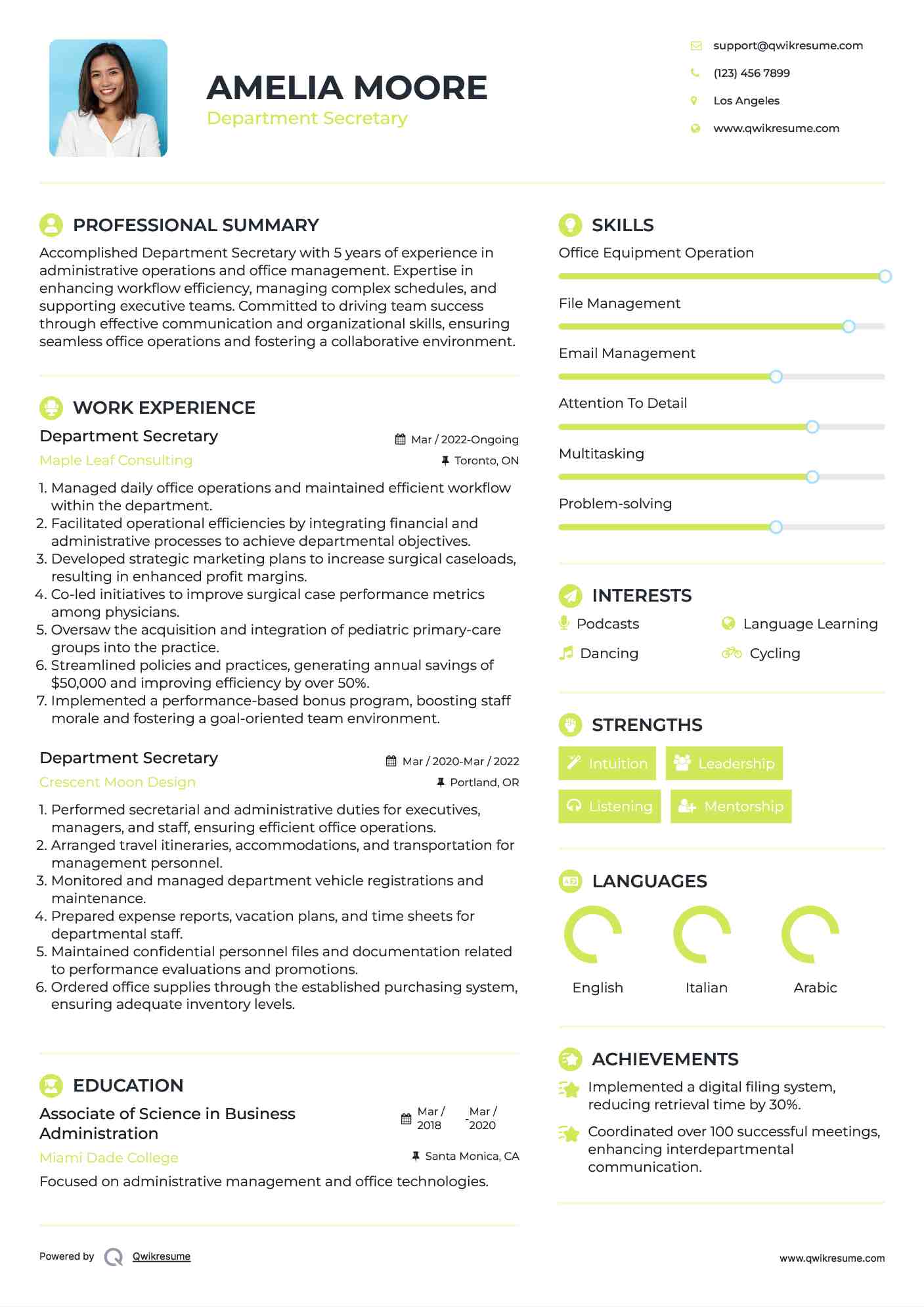 Department Secretary Resume Example