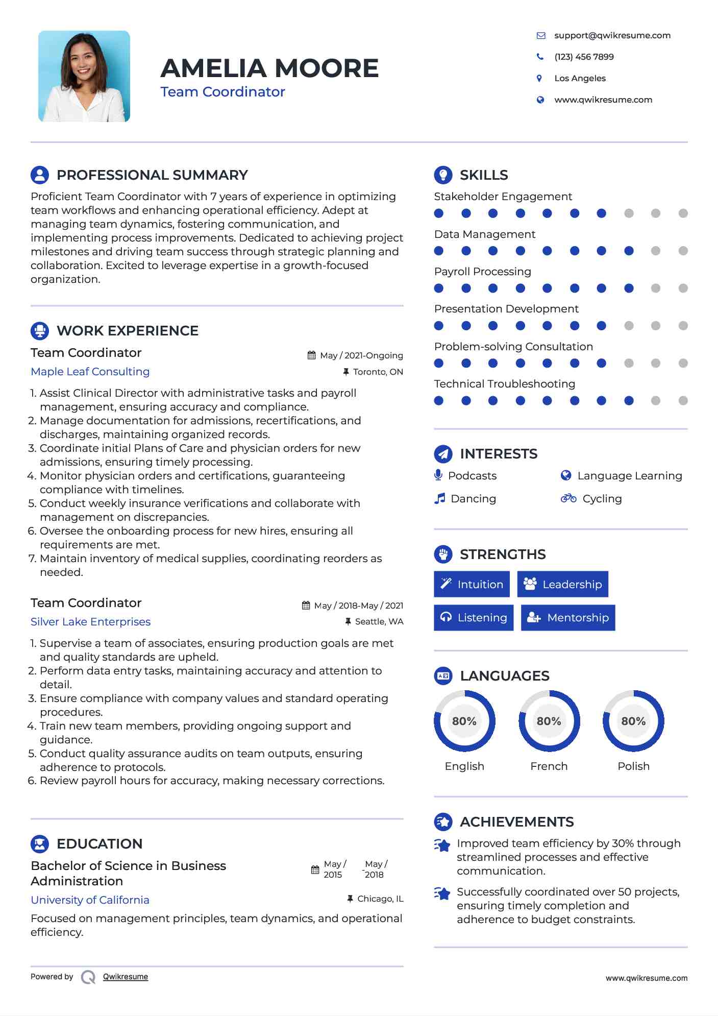 Team Coordinator Resume Example