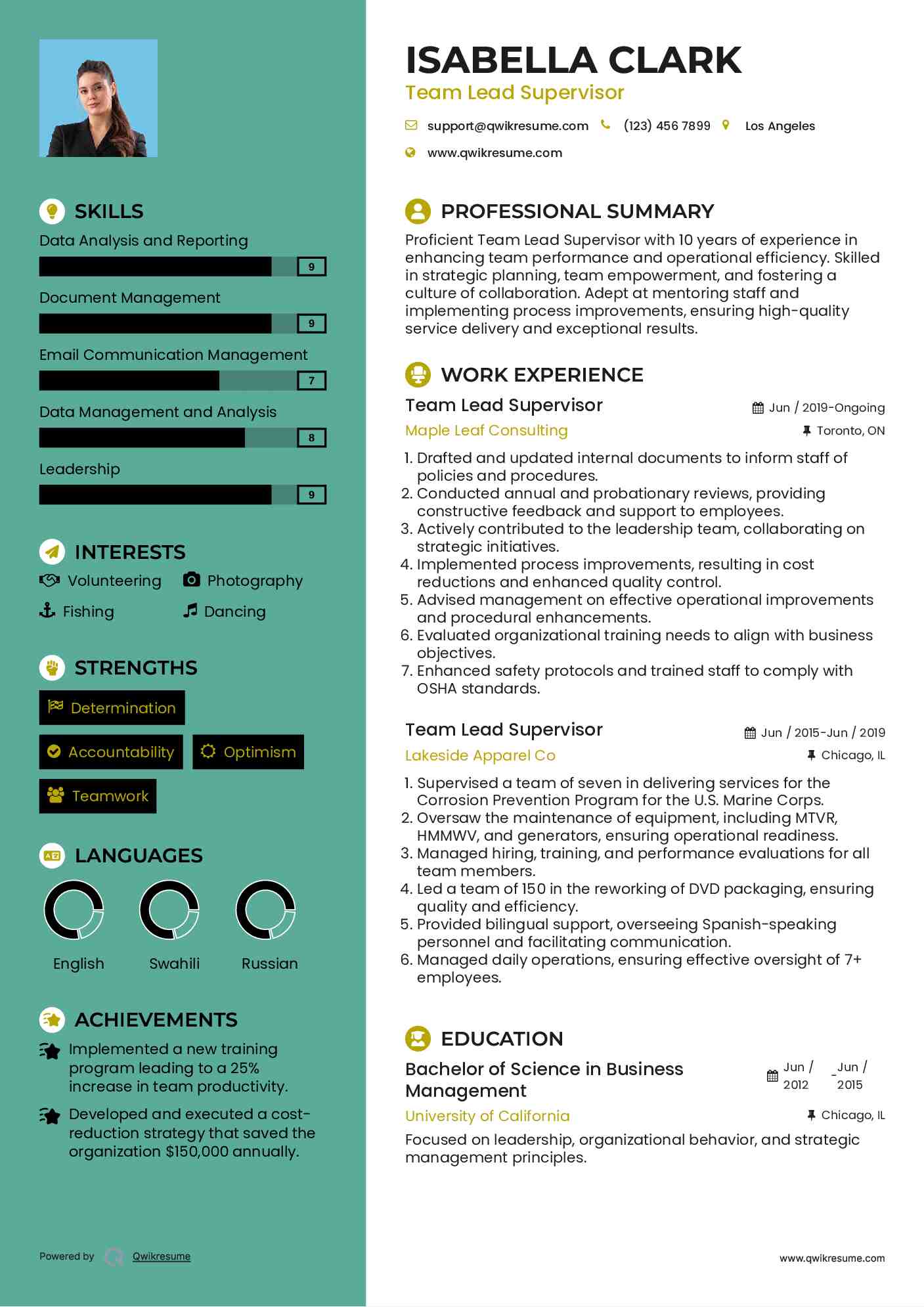 Team Lead Supervisor Resume Sample