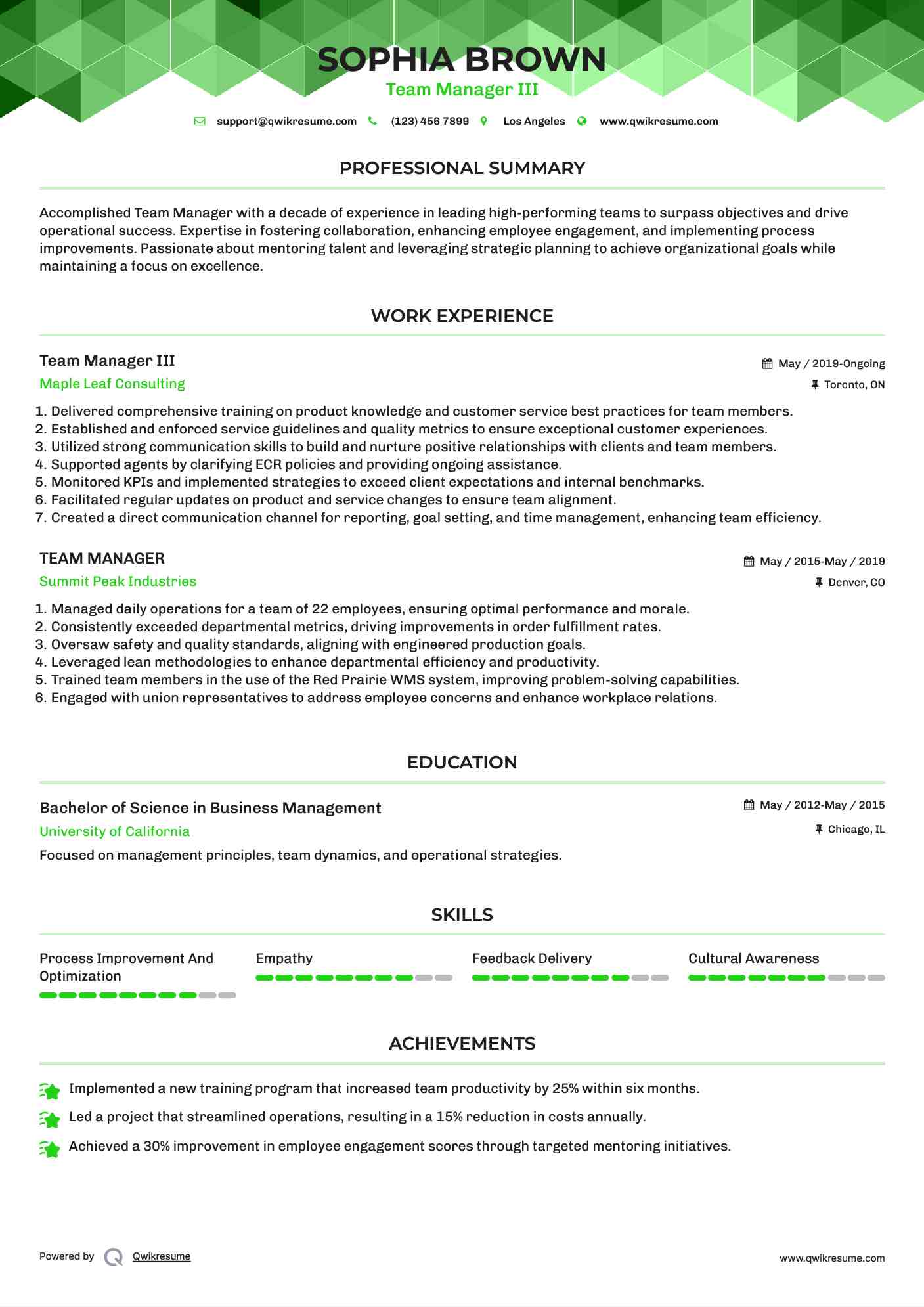 Team Manager III Resume Template