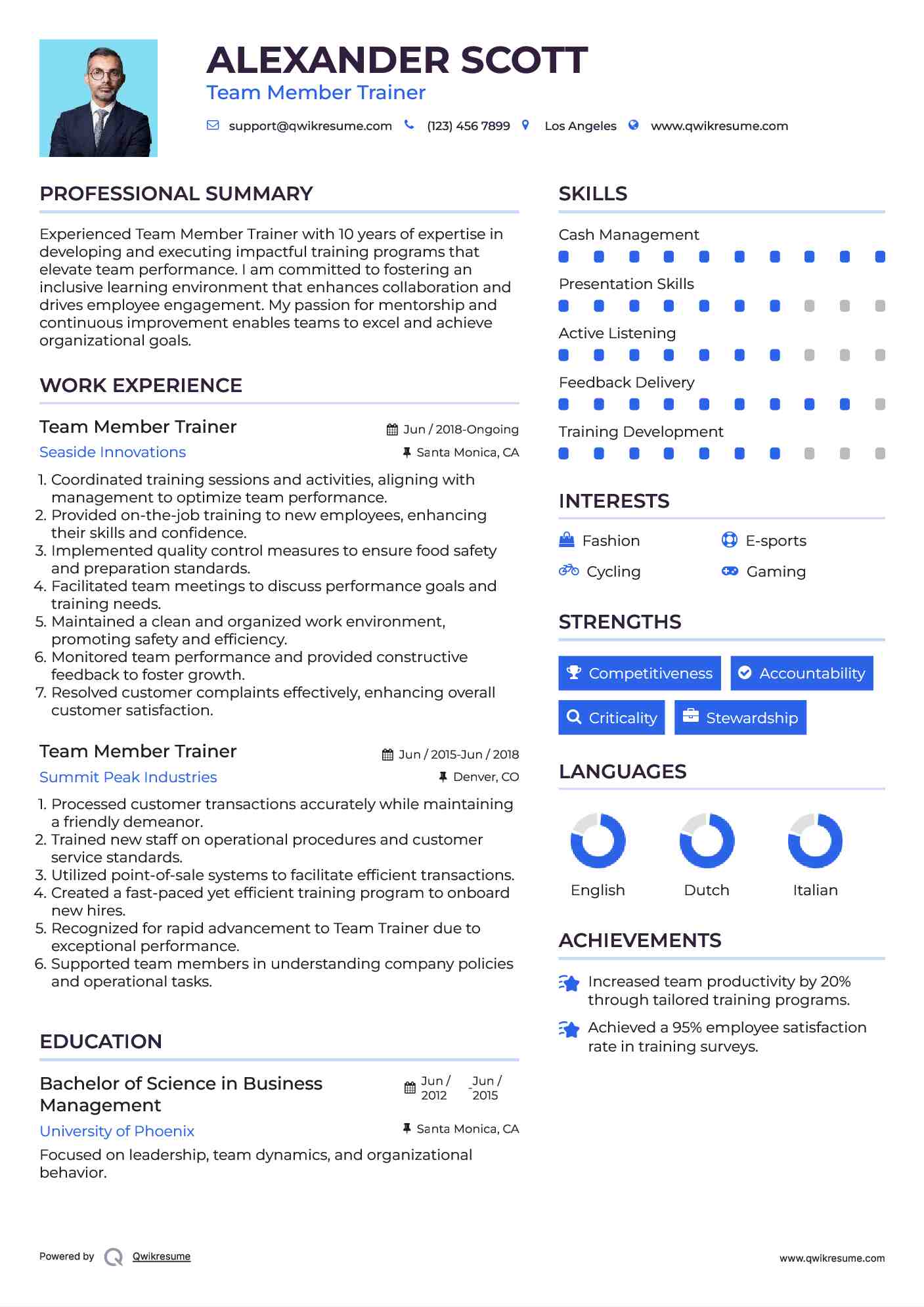 Team Member Trainer Resume Sample