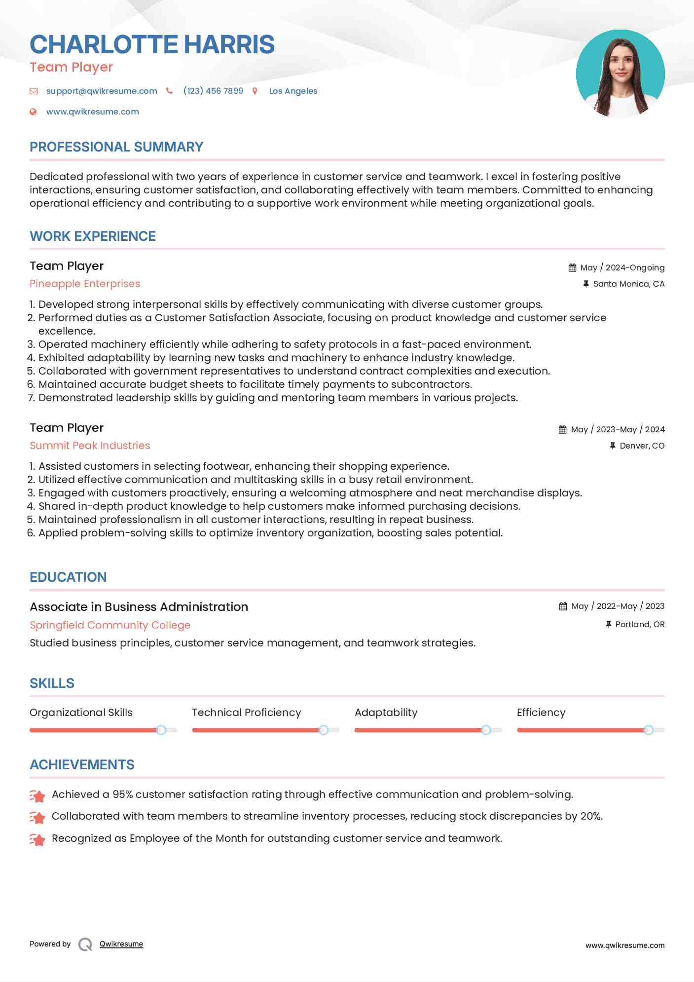 Team Player Resume Samples QwikResume