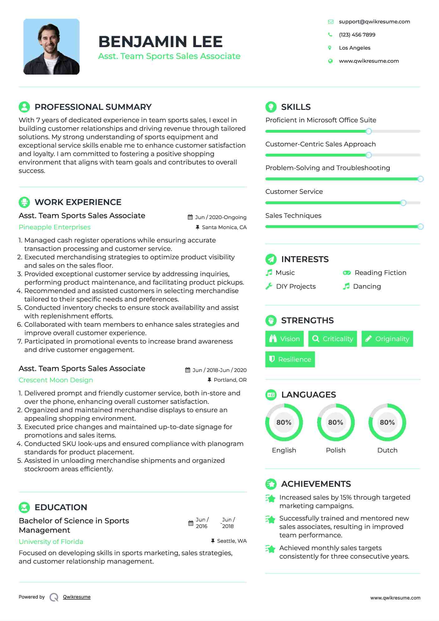 Asst. Team Sports Sales Associate Resume Example