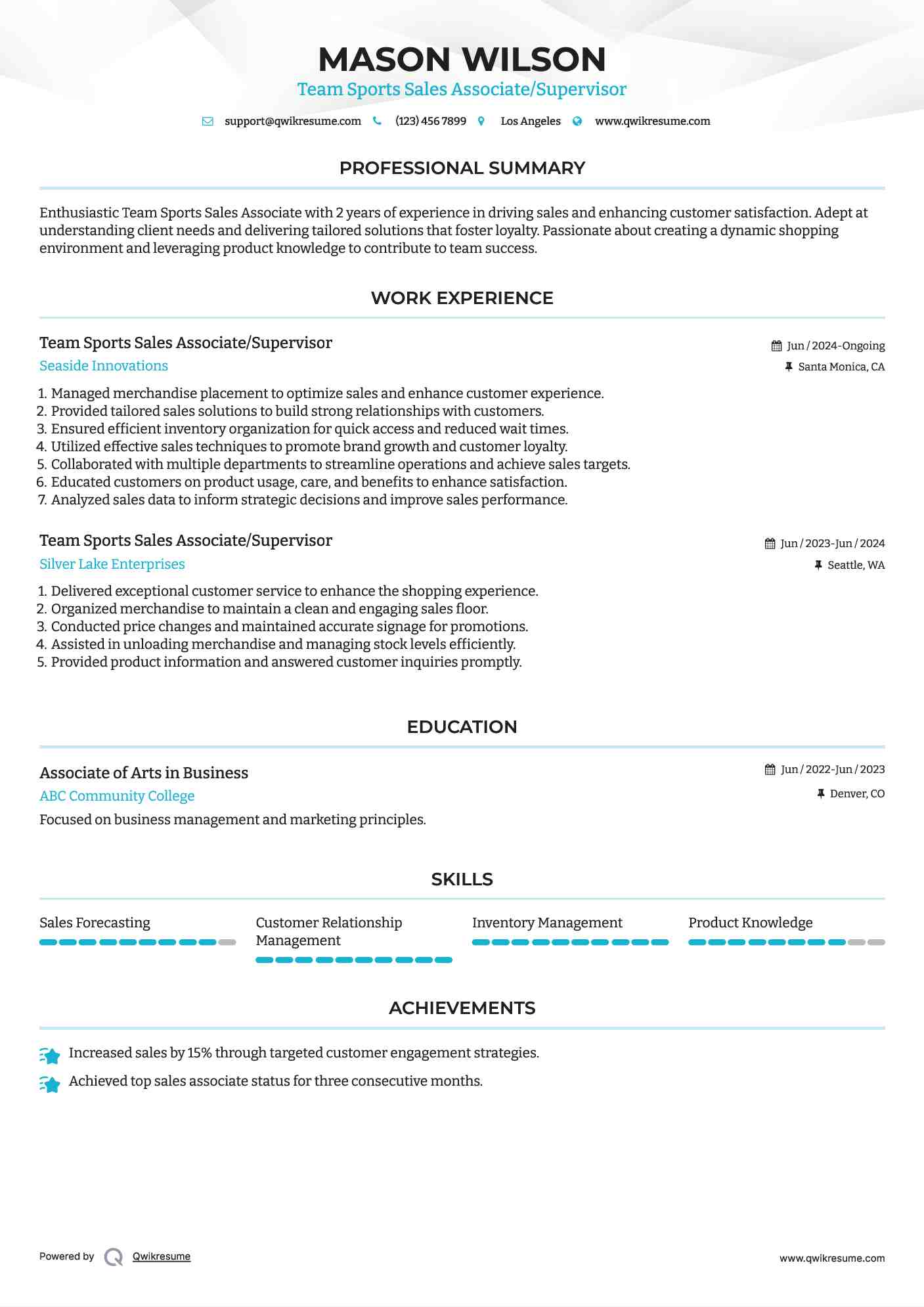 Team Sports Sales Associate/Supervisor Resume Format