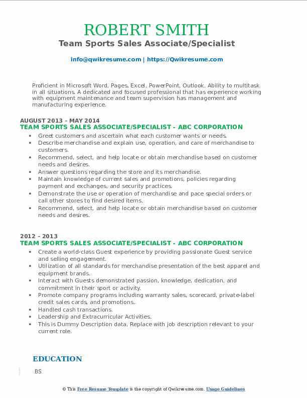 Team Sports Sales Associate Resume Samples QwikResume