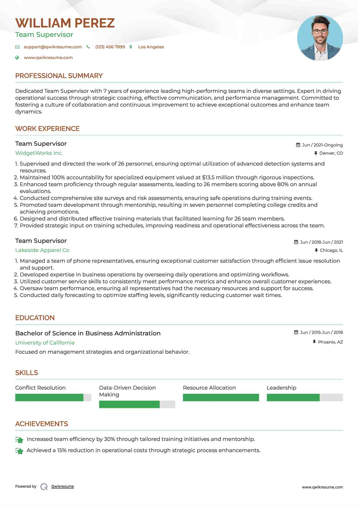 Team Supervisor Resume Sample