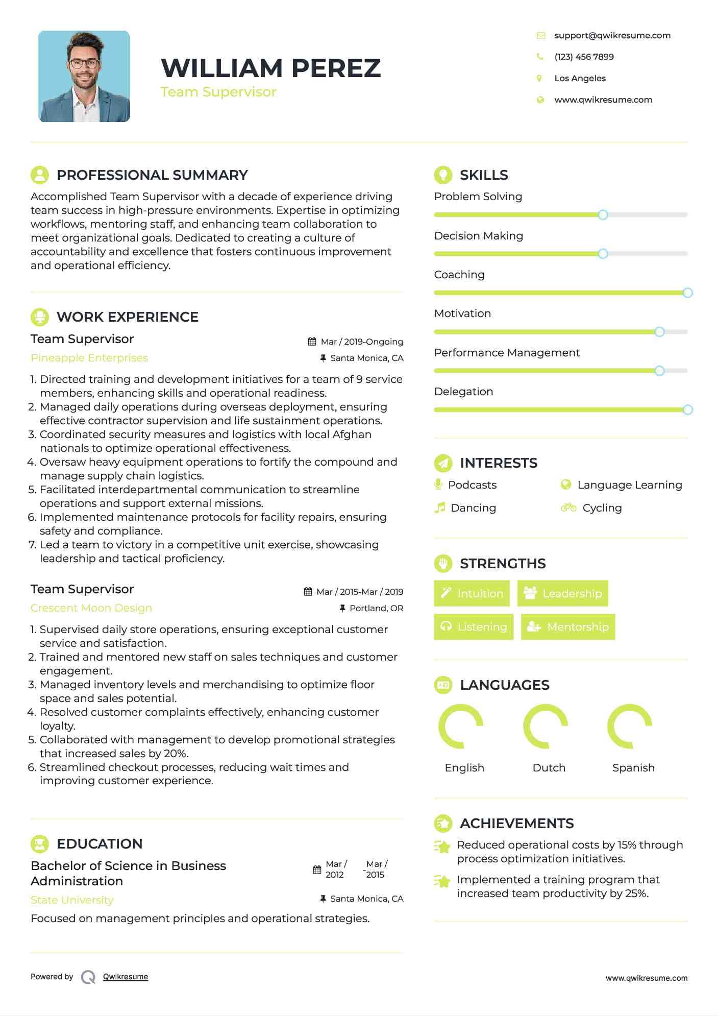 Team Supervisor Resume Example