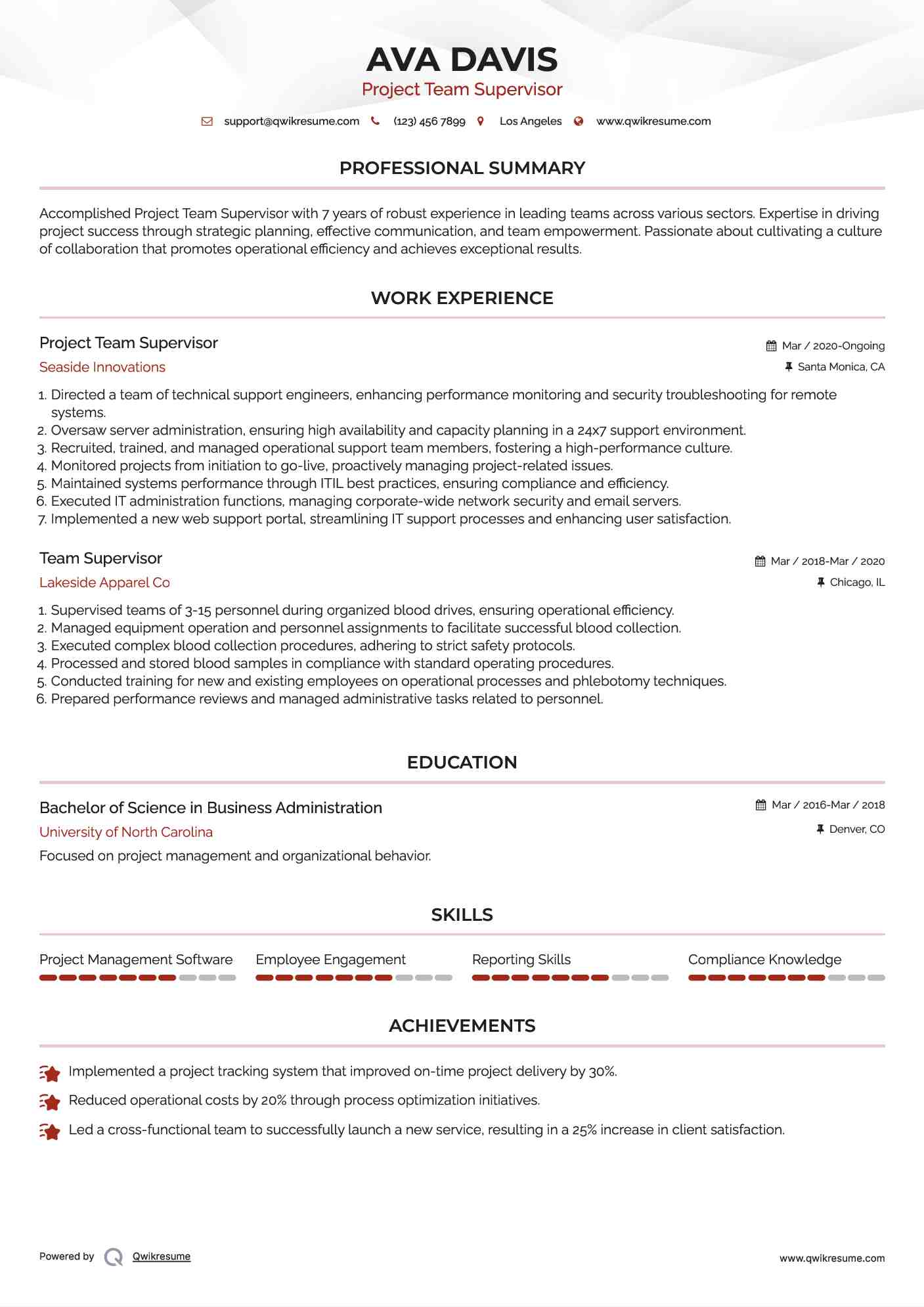 Project Team Supervisor Resume Format
