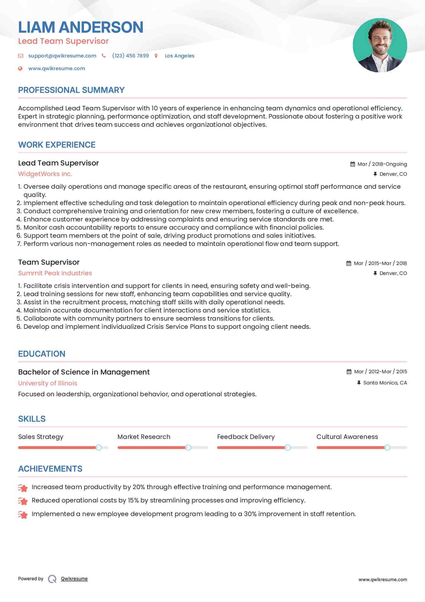 Lead Team Supervisor Resume Sample