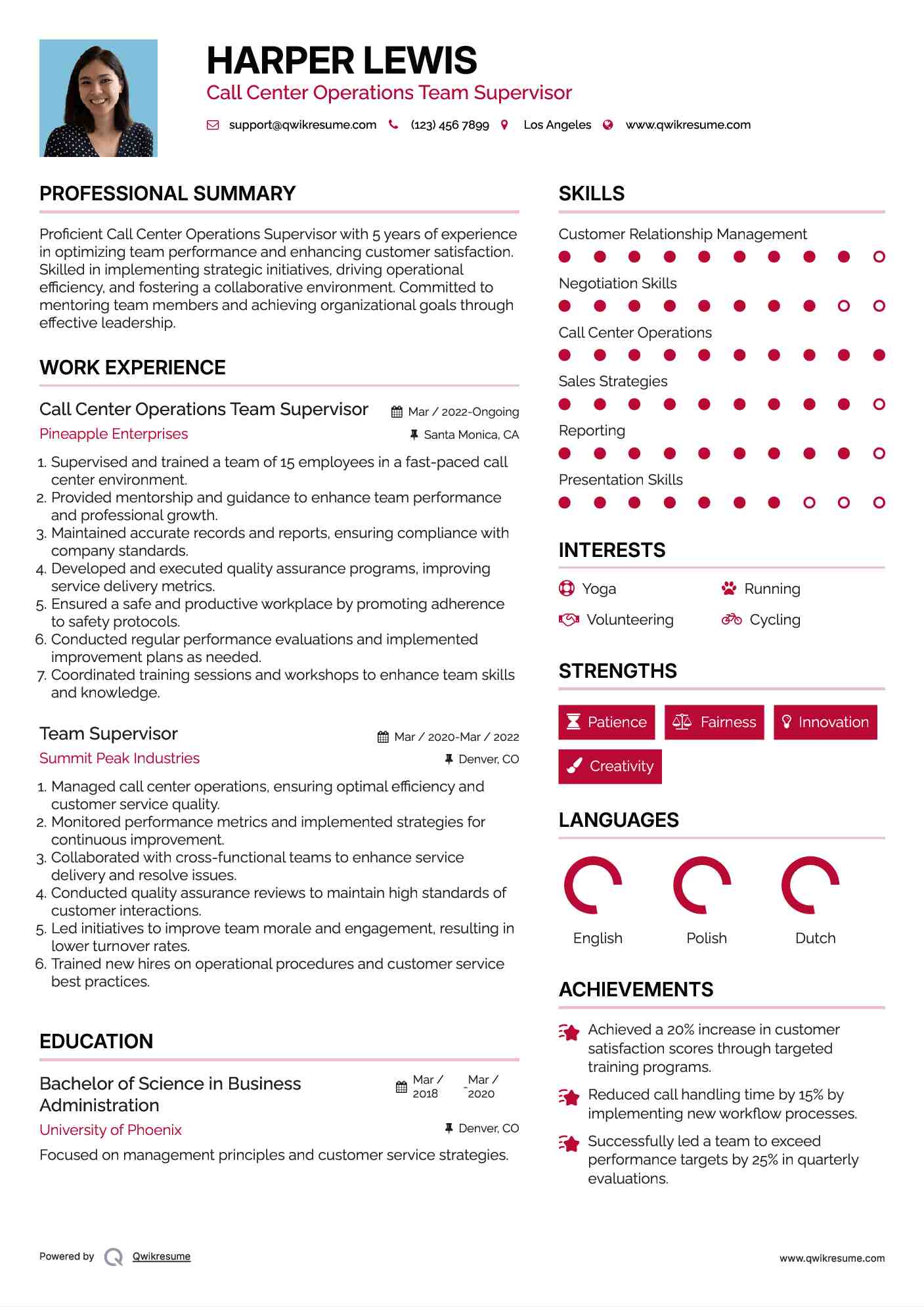 Call Center Operations Team Supervisor Resume Sample