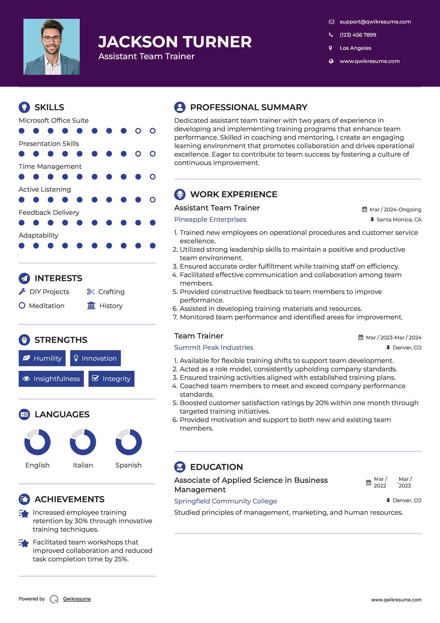 Assistant Team Trainer Resume Format