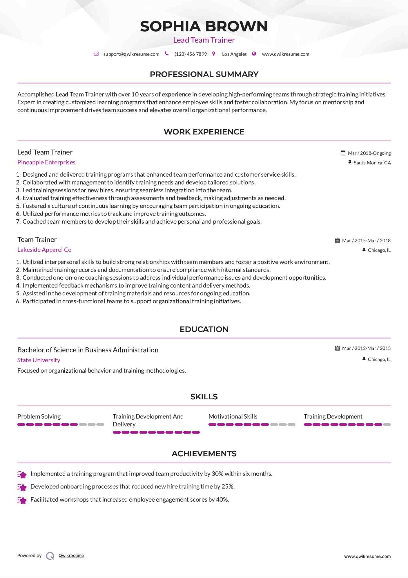 Lead Team Trainer Resume Format