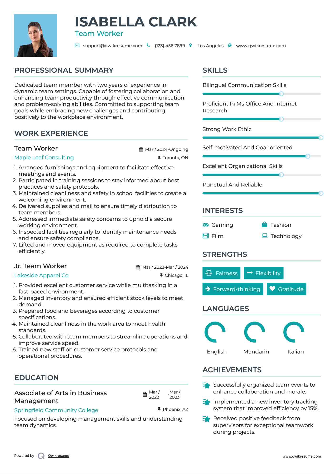 Team Worker Resume Model