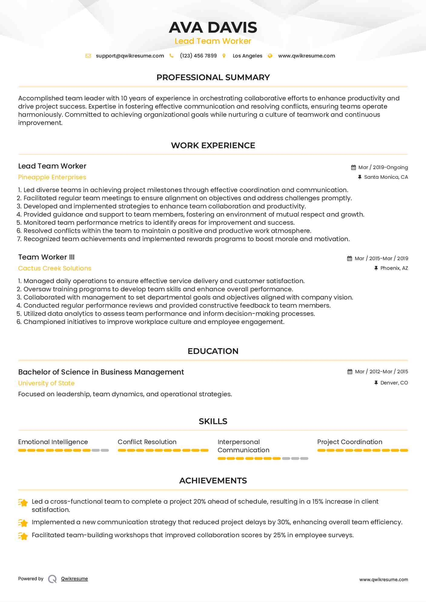 Lead Team Worker Resume Format