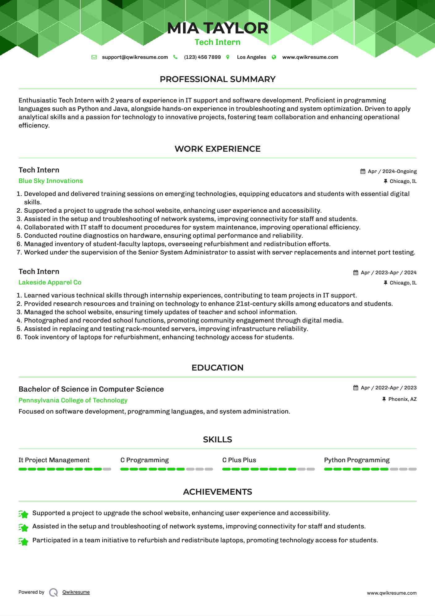 Tech Intern Resume Format