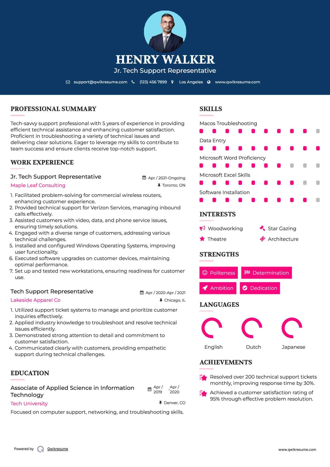 Jr. Tech Support Representative Resume Example