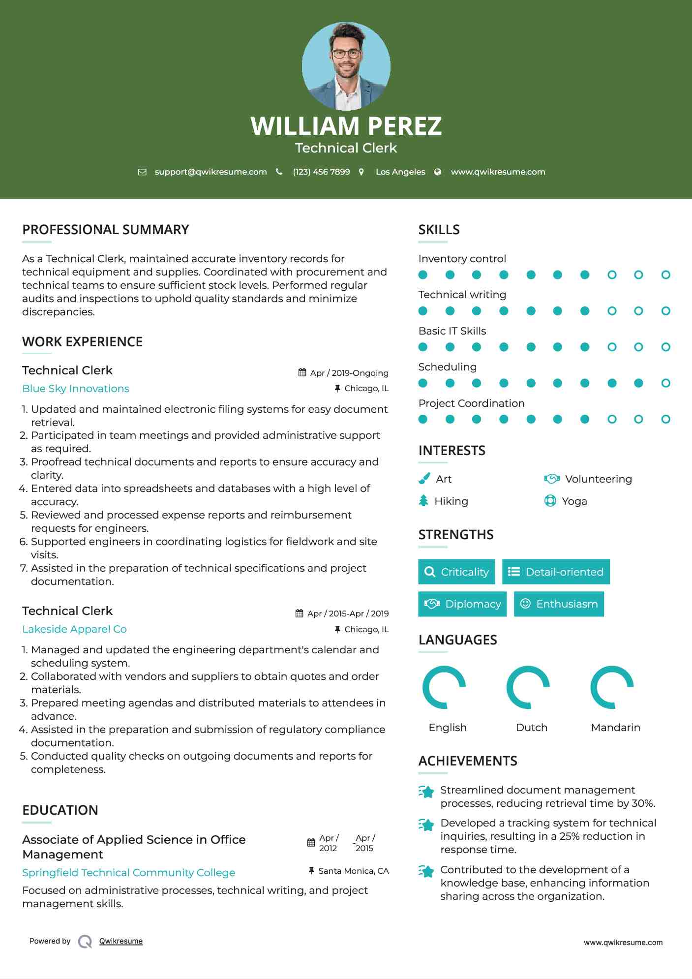 Technical Clerk Resume Example