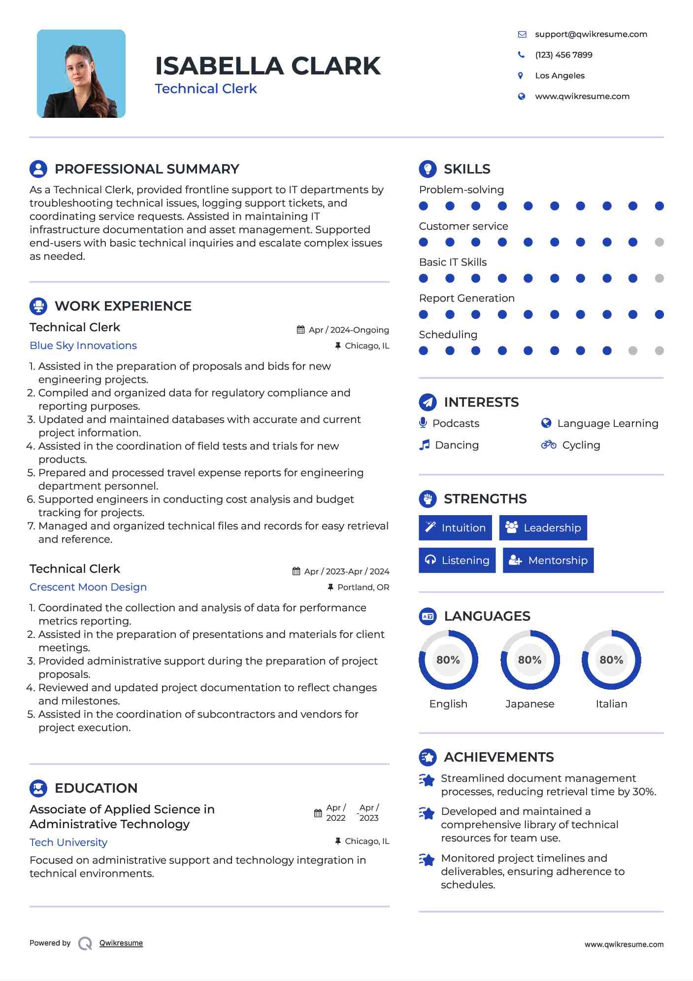 Technical Clerk Resume Example