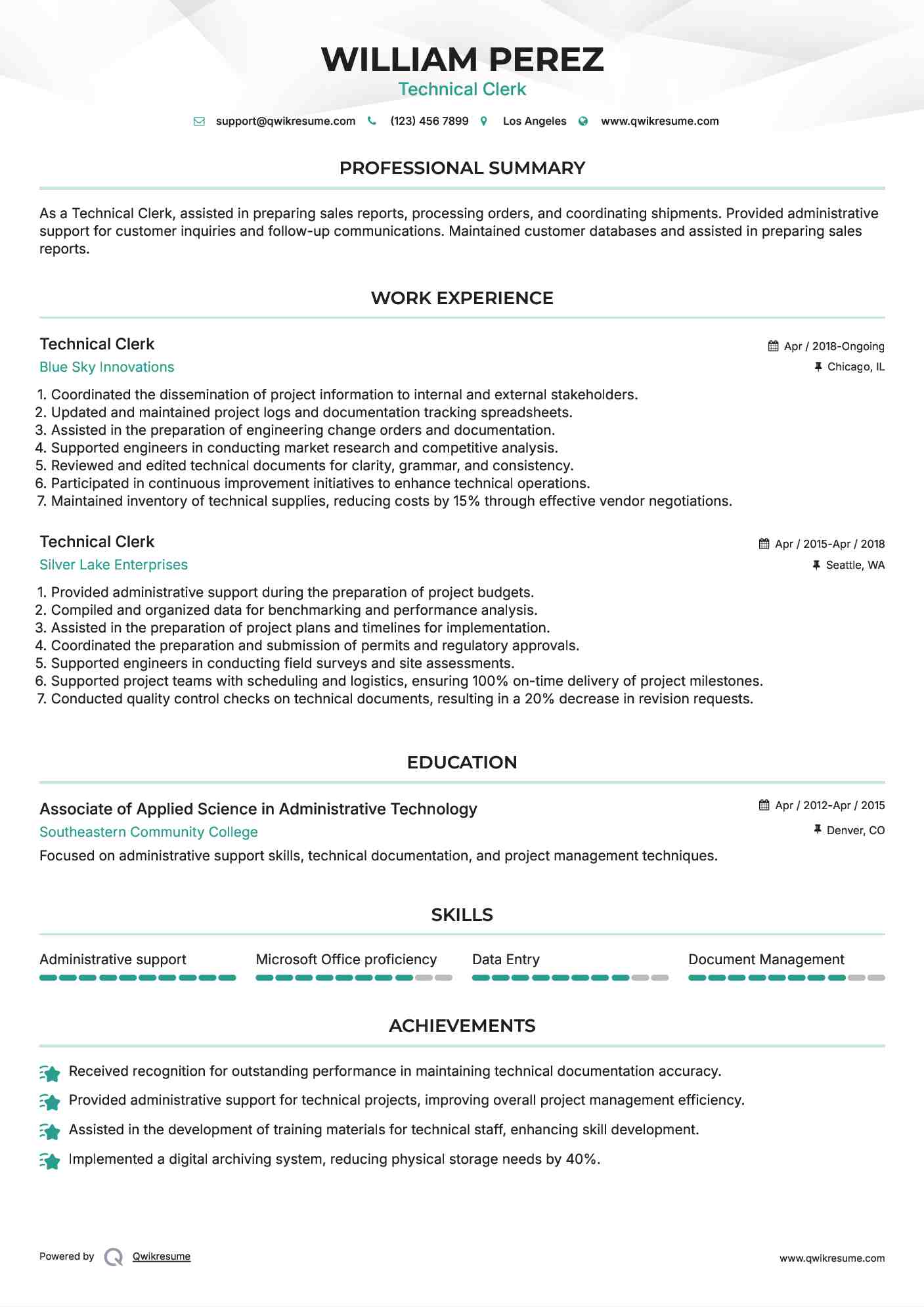 Technical Clerk Resume Example