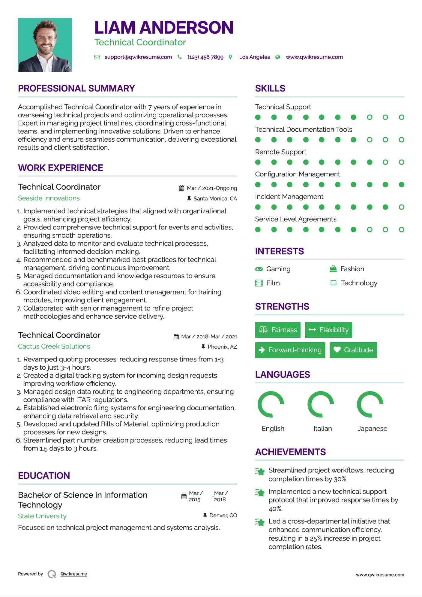 Technical Coordinator Resume Sample