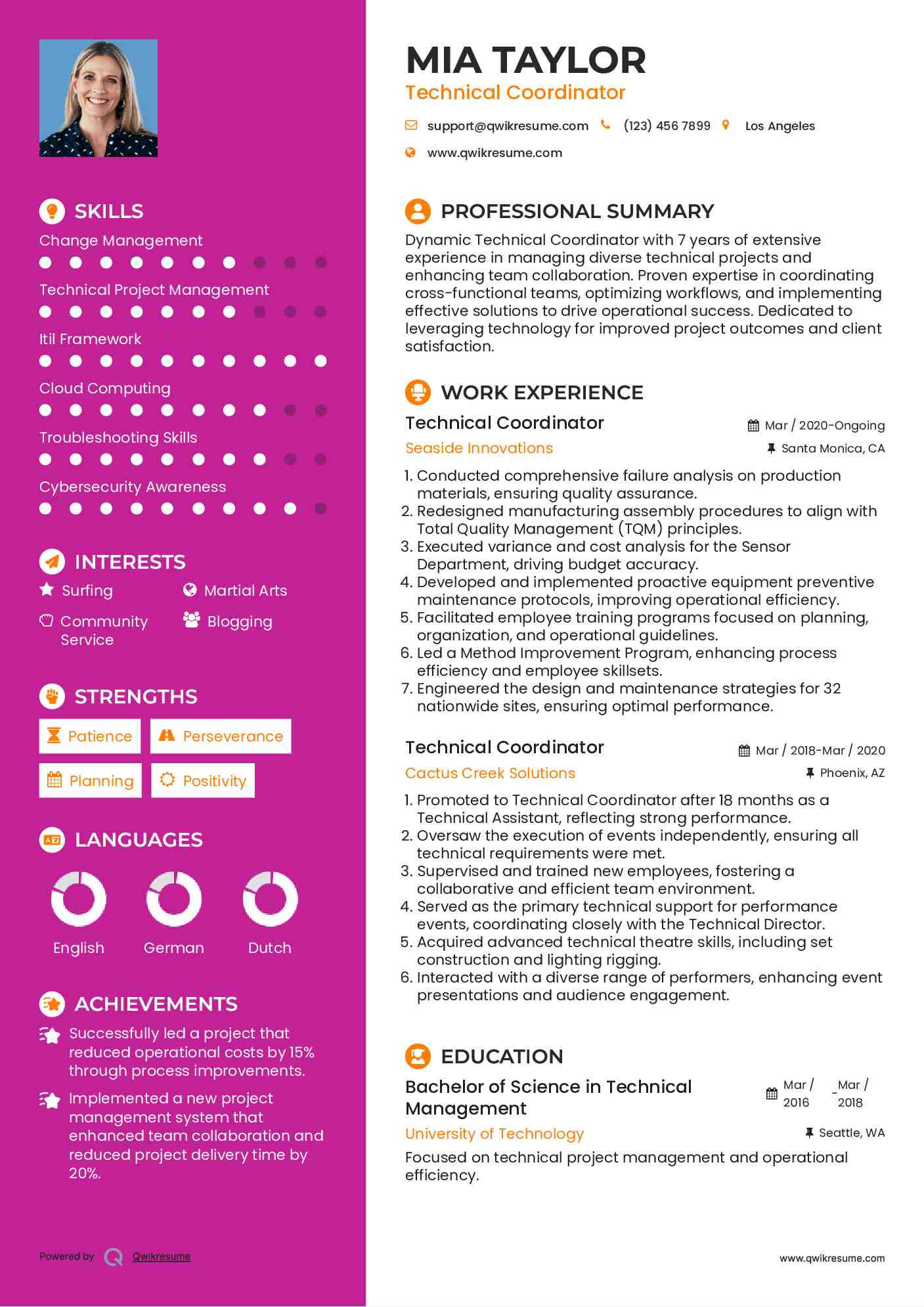 Technical Coordinator Resume Sample