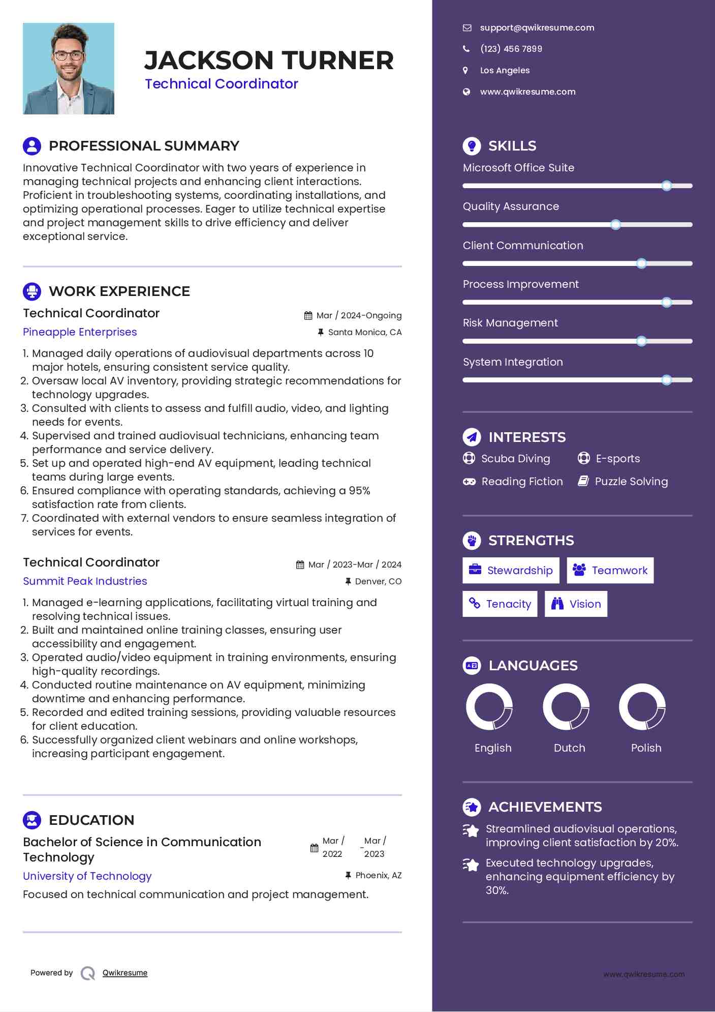 Technical Coordinator Resume Example