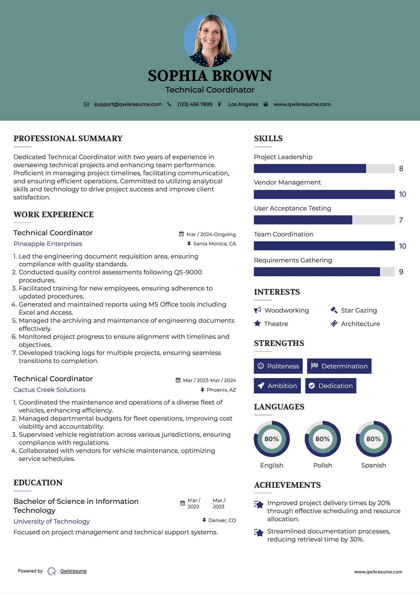 Technical Coordinator Resume Sample
