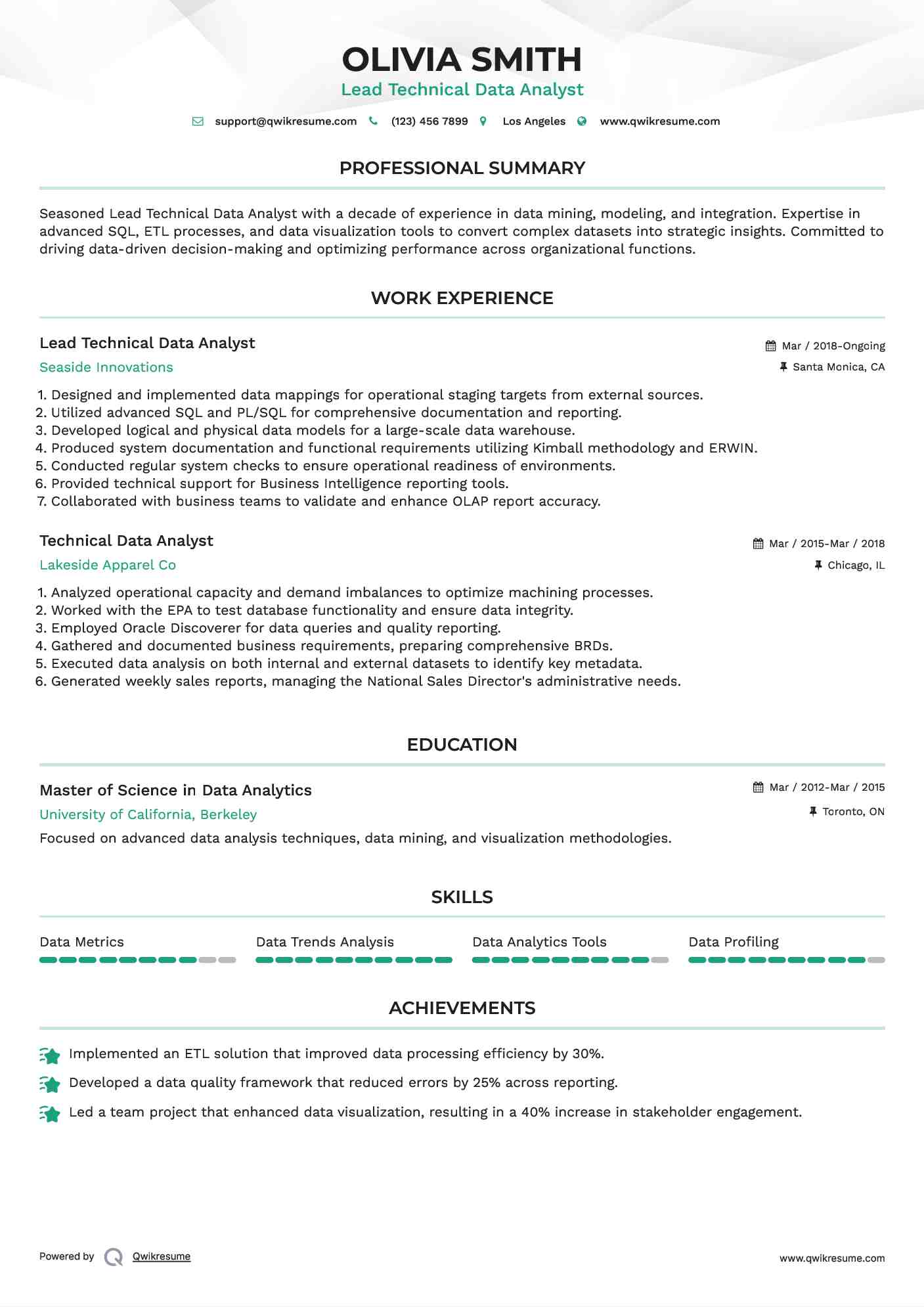 Lead Technical Data Analyst Resume Sample