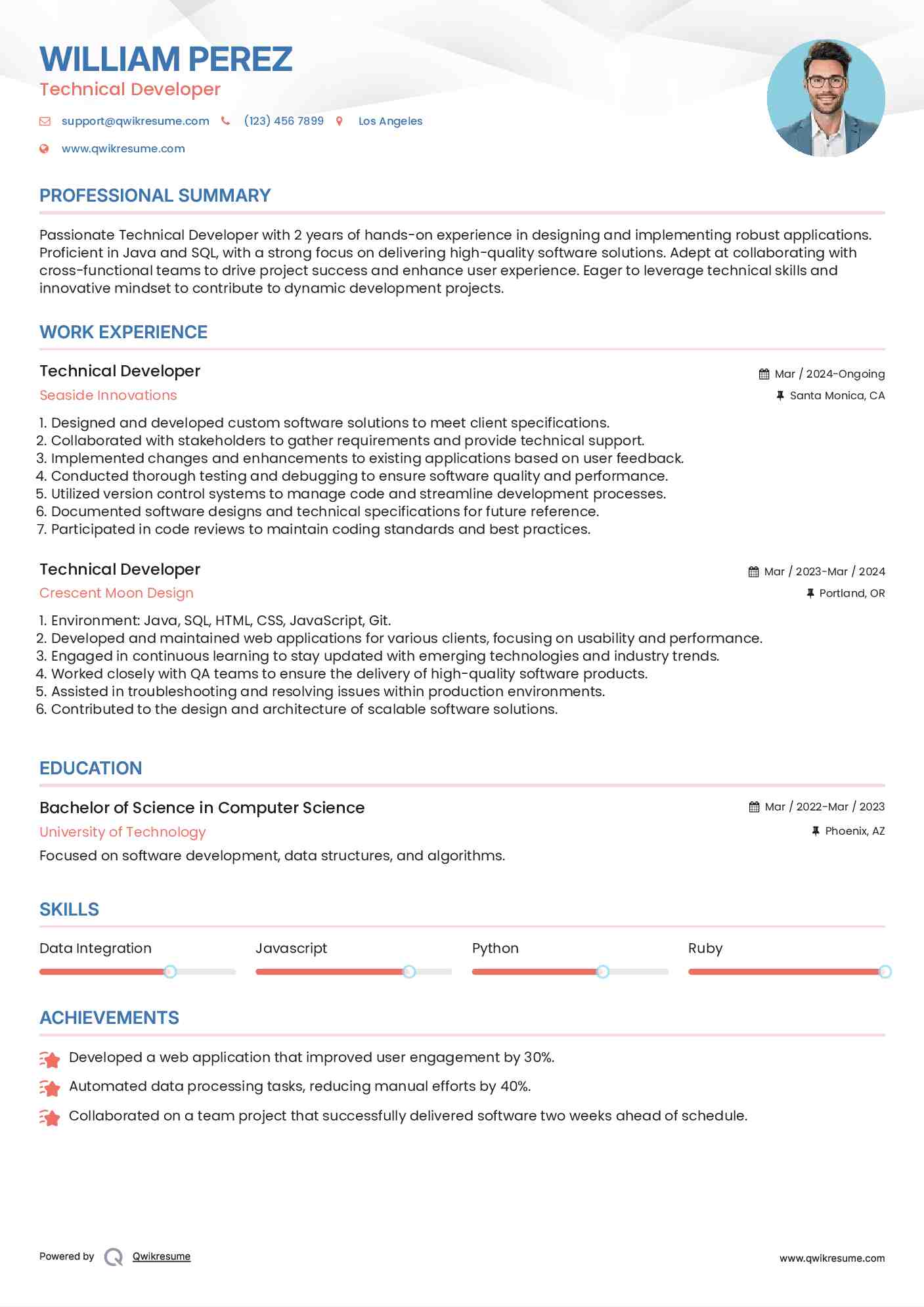 Technical Developer Resume Example