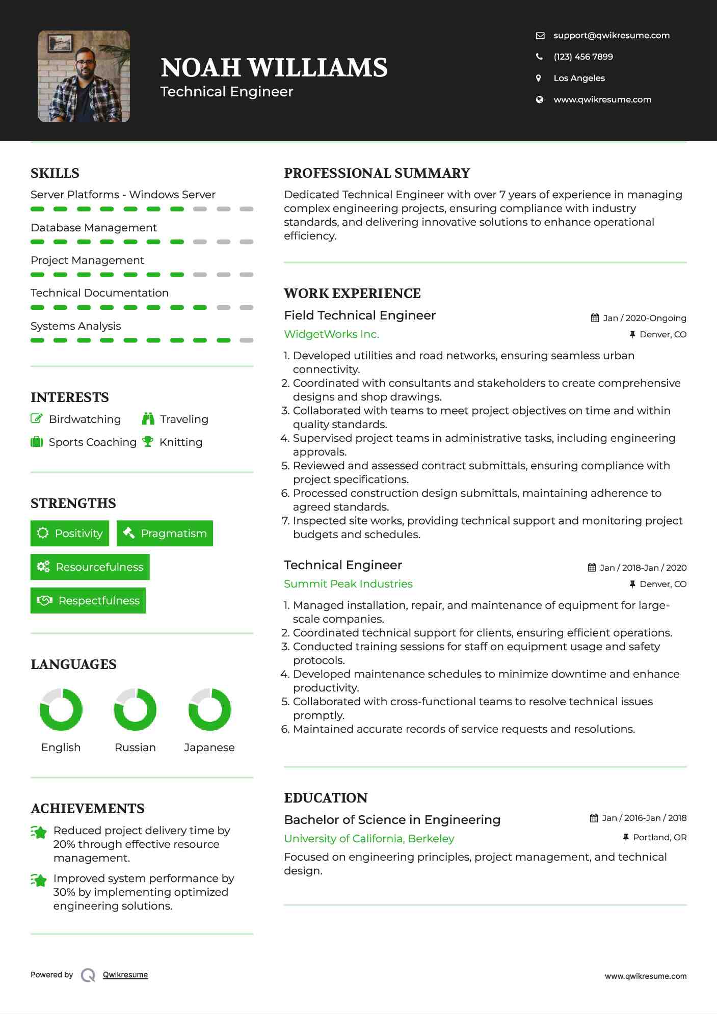 Field Technical Engineer Resume Sample