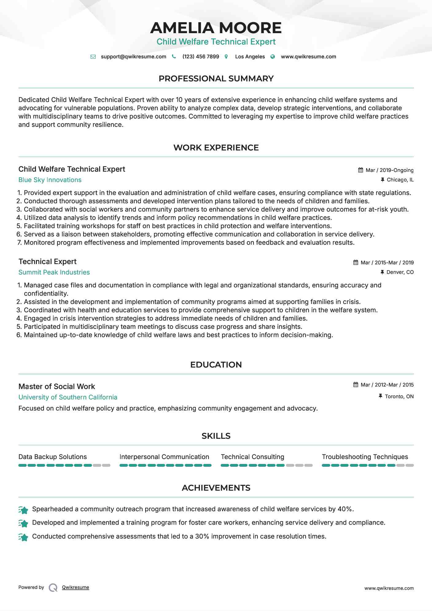 Child Welfare Technical Expert Resume Sample