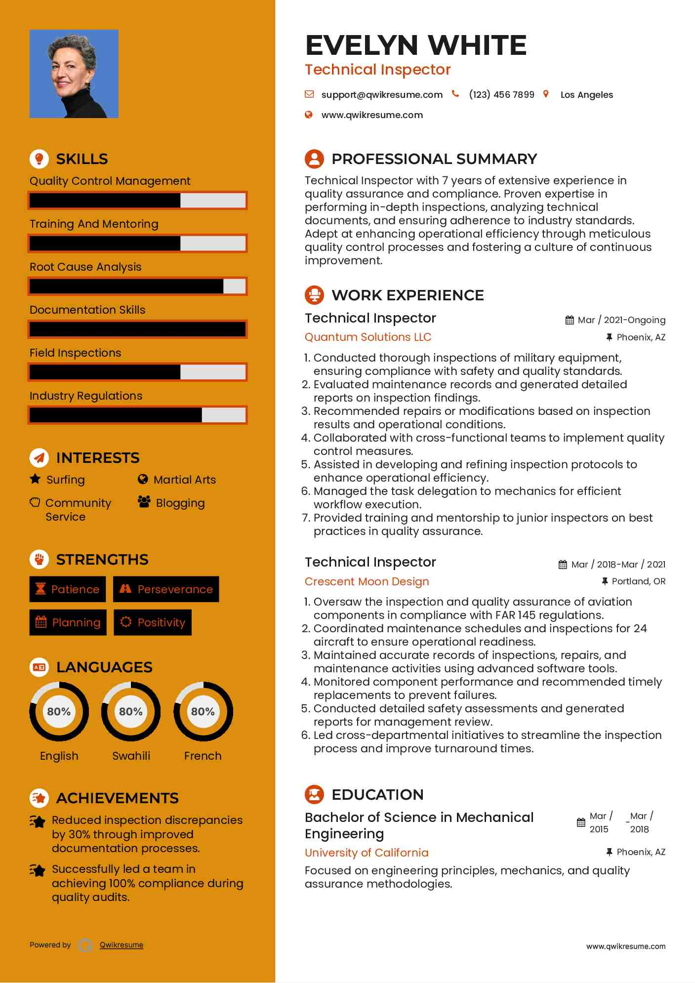 Technical Inspector Resume Sample
