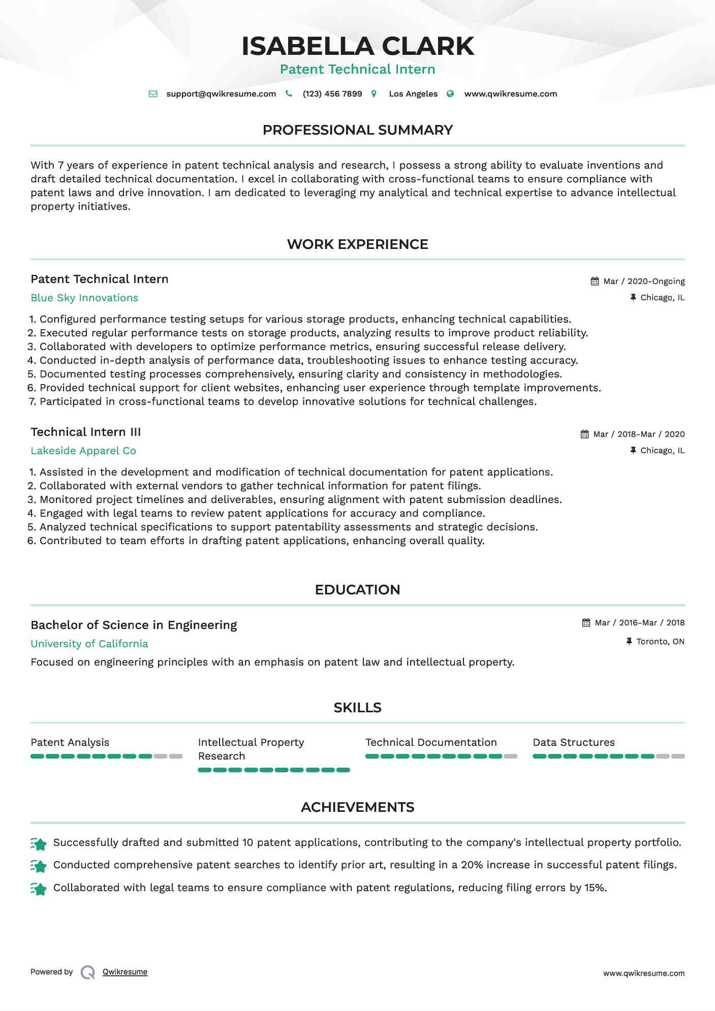 Patent Technical Intern
 Resume Example