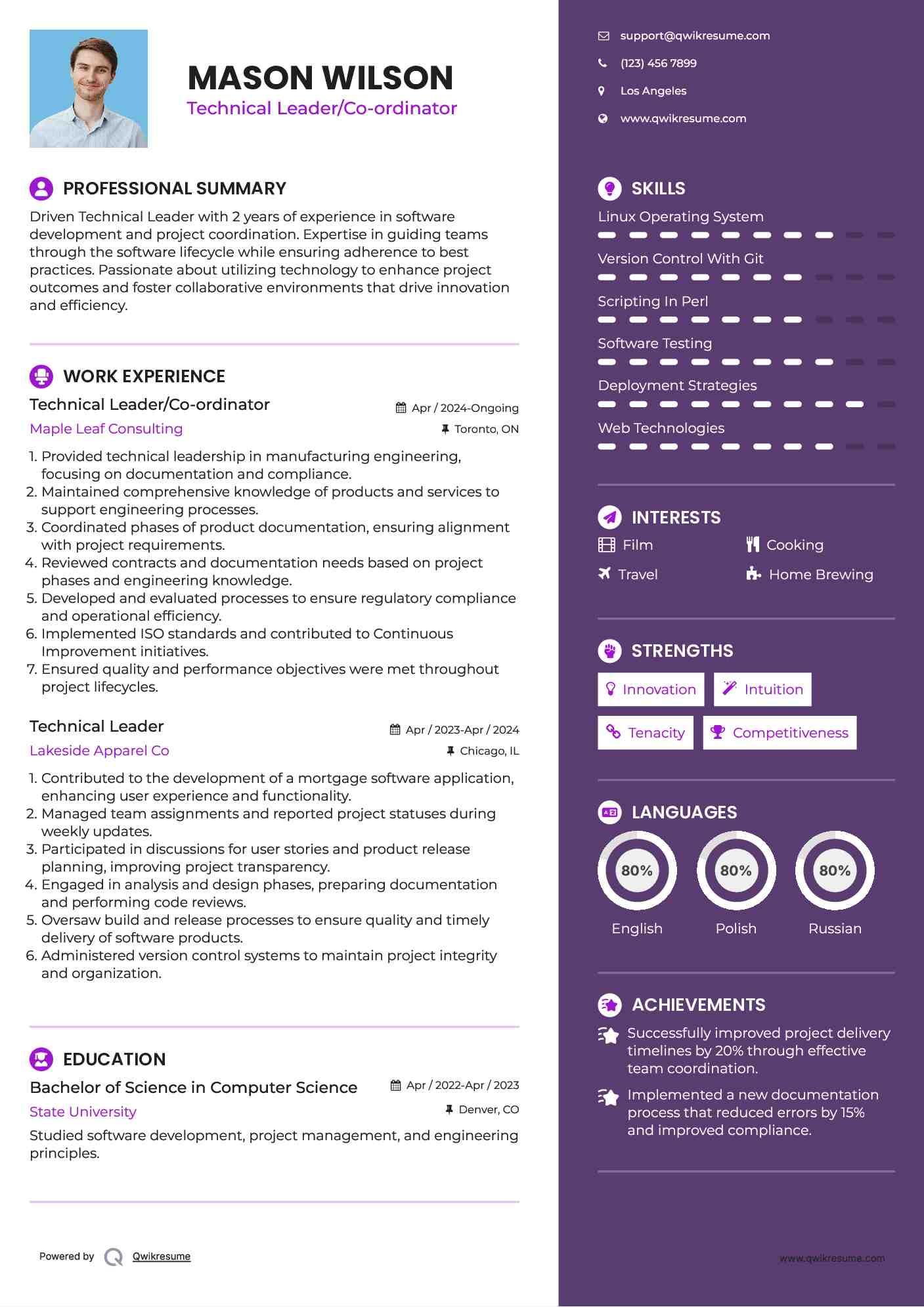 Technical Leader/Co-ordinator Resume Format