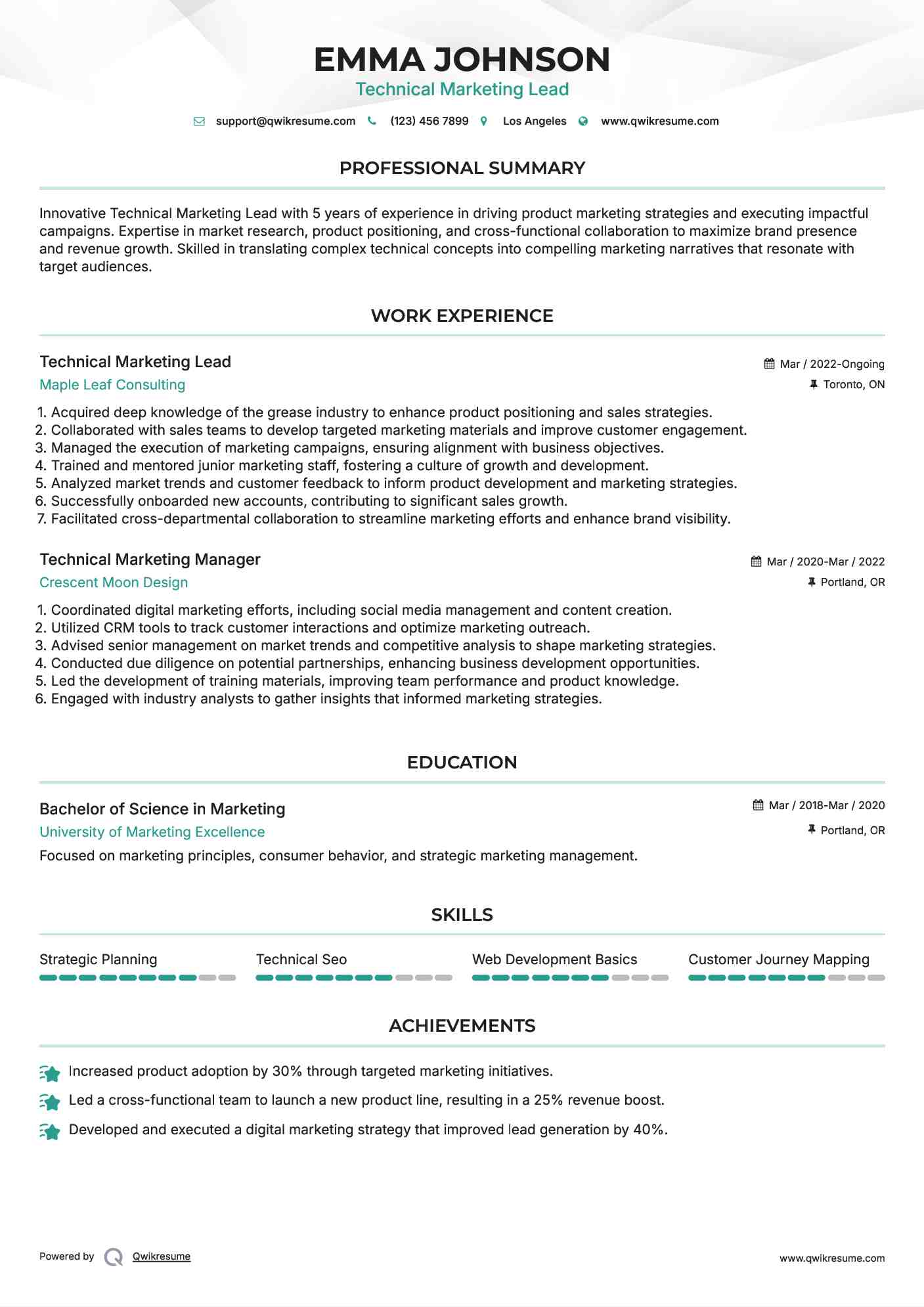Technical Marketing Lead Resume Example