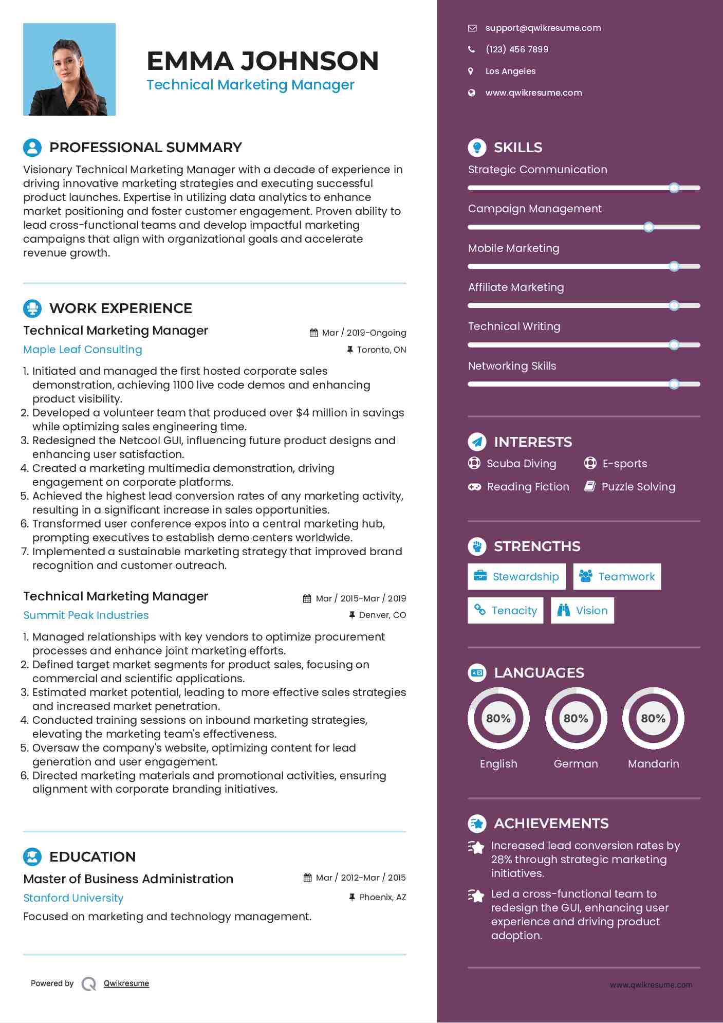 Technical Marketing Manager Resume Sample