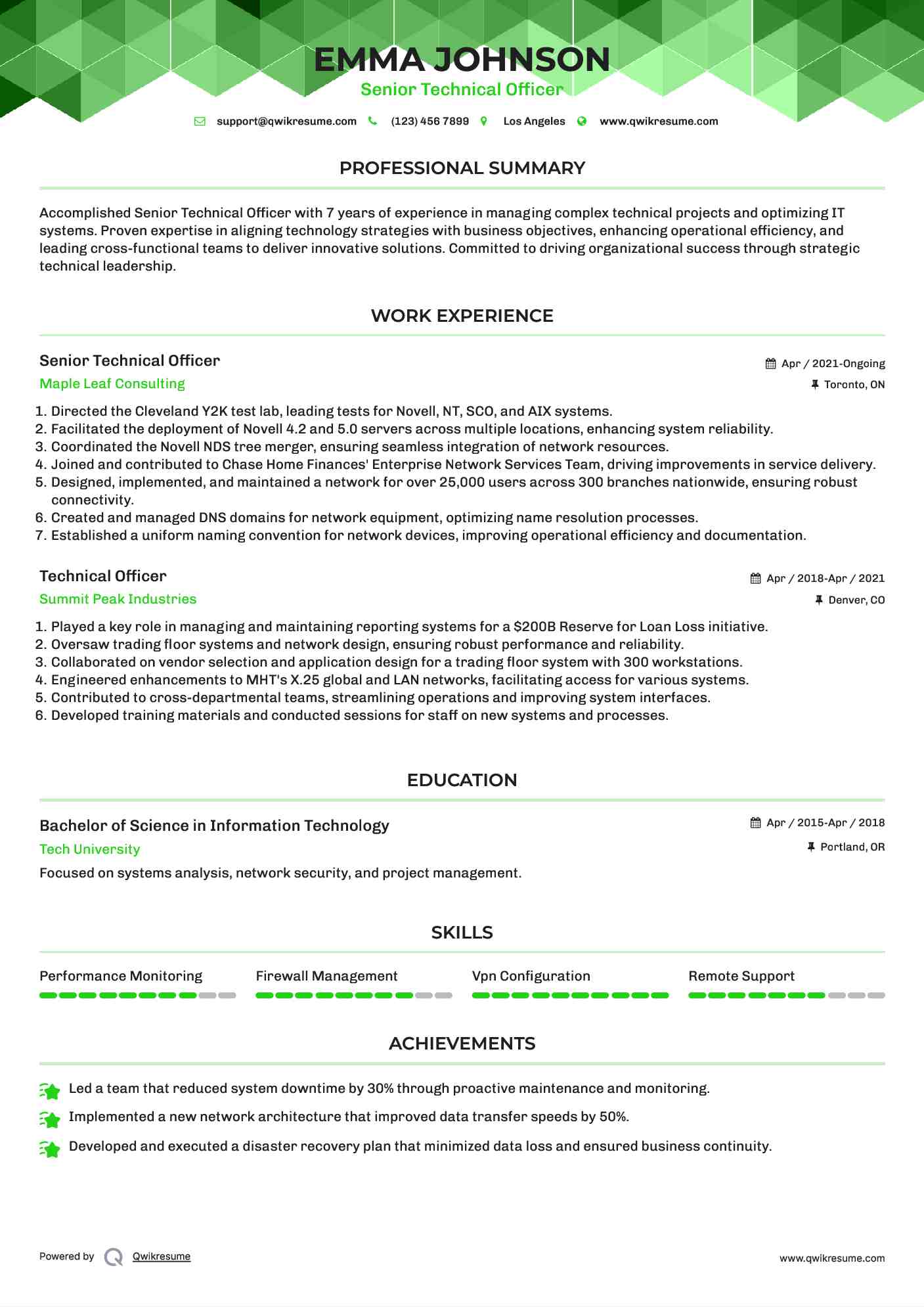 Senior Technical Officer Resume Template