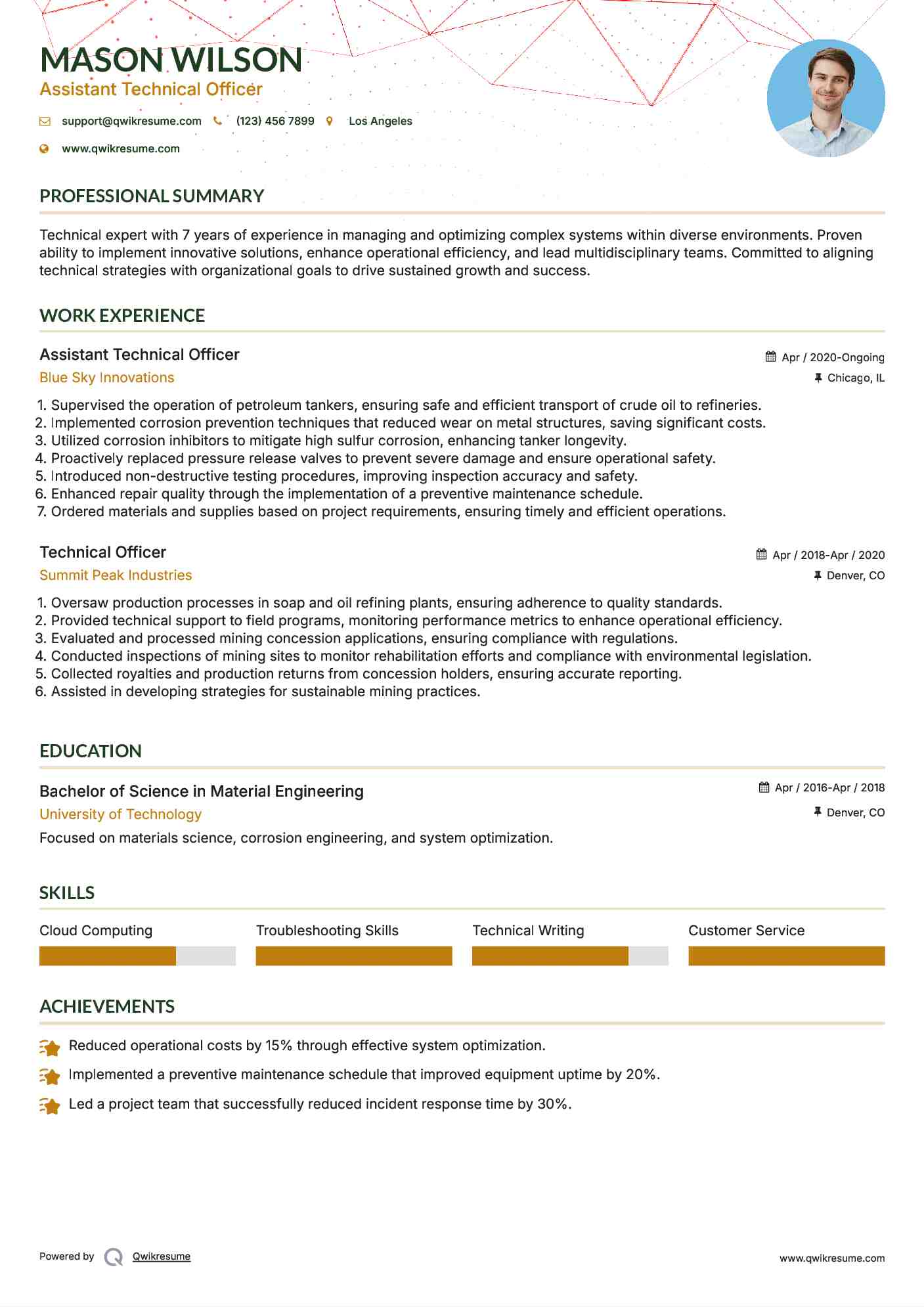 Assistant Technical Officer Resume Sample