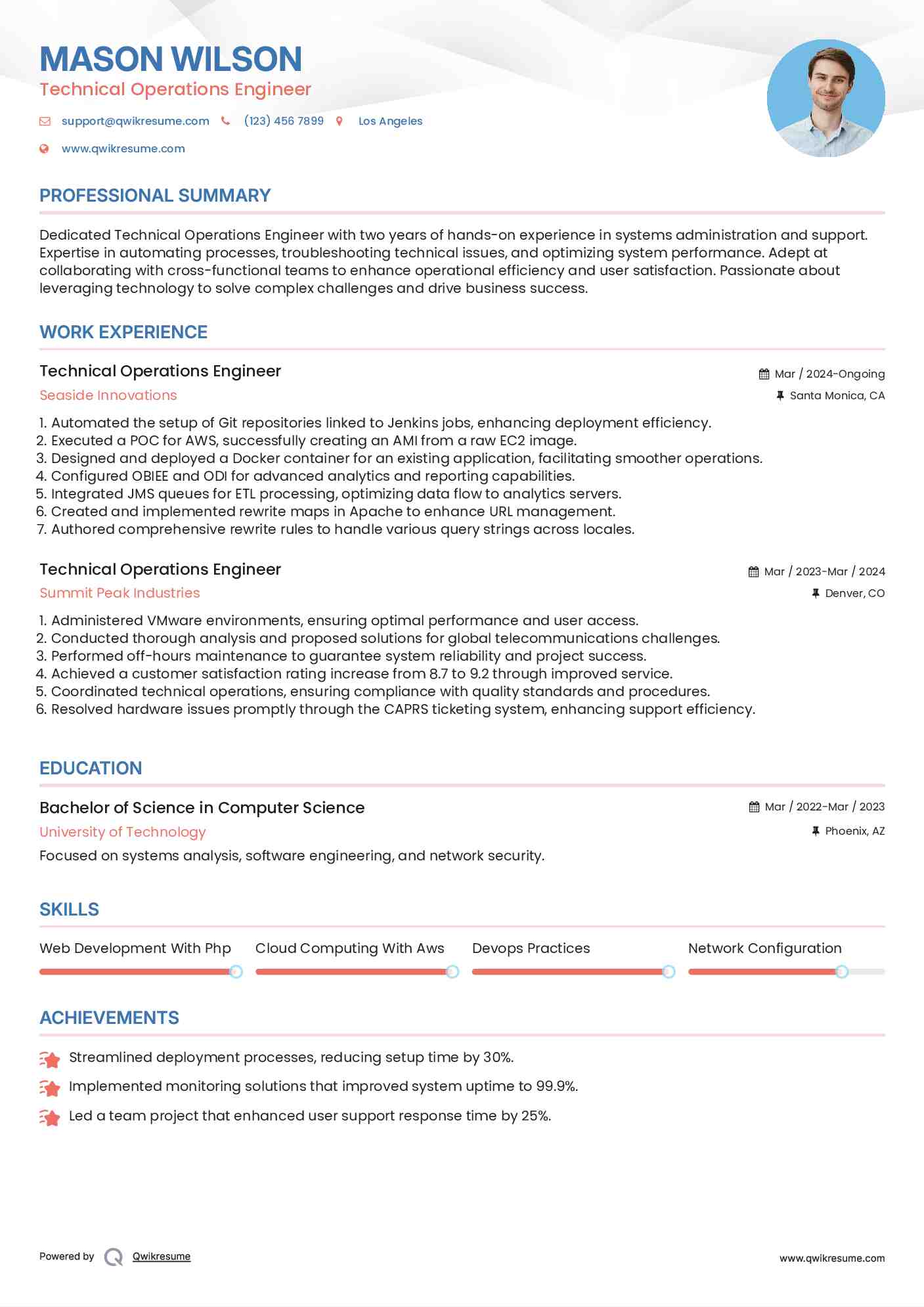 Technical Operations Engineer Resume Sample