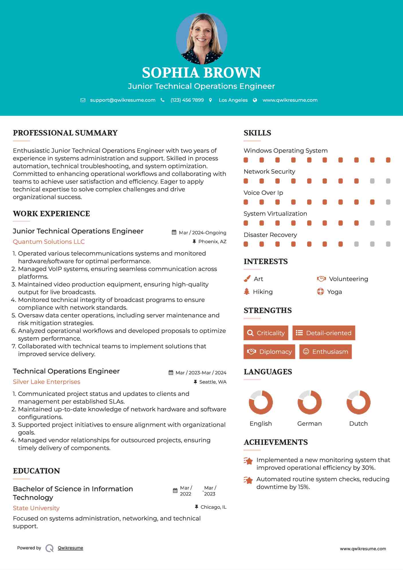 Junior Technical Operations Engineer Resume Example