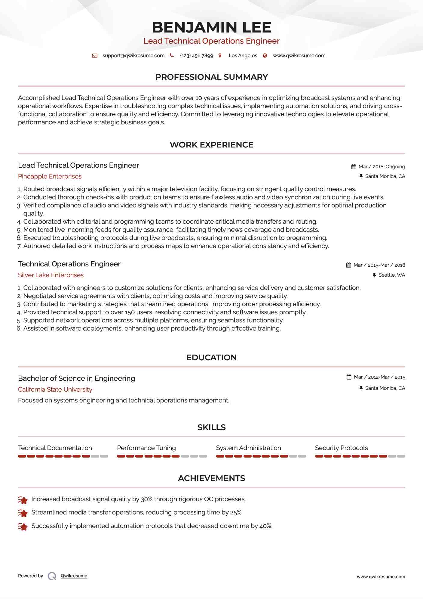 Lead Technical Operations Engineer Resume Template