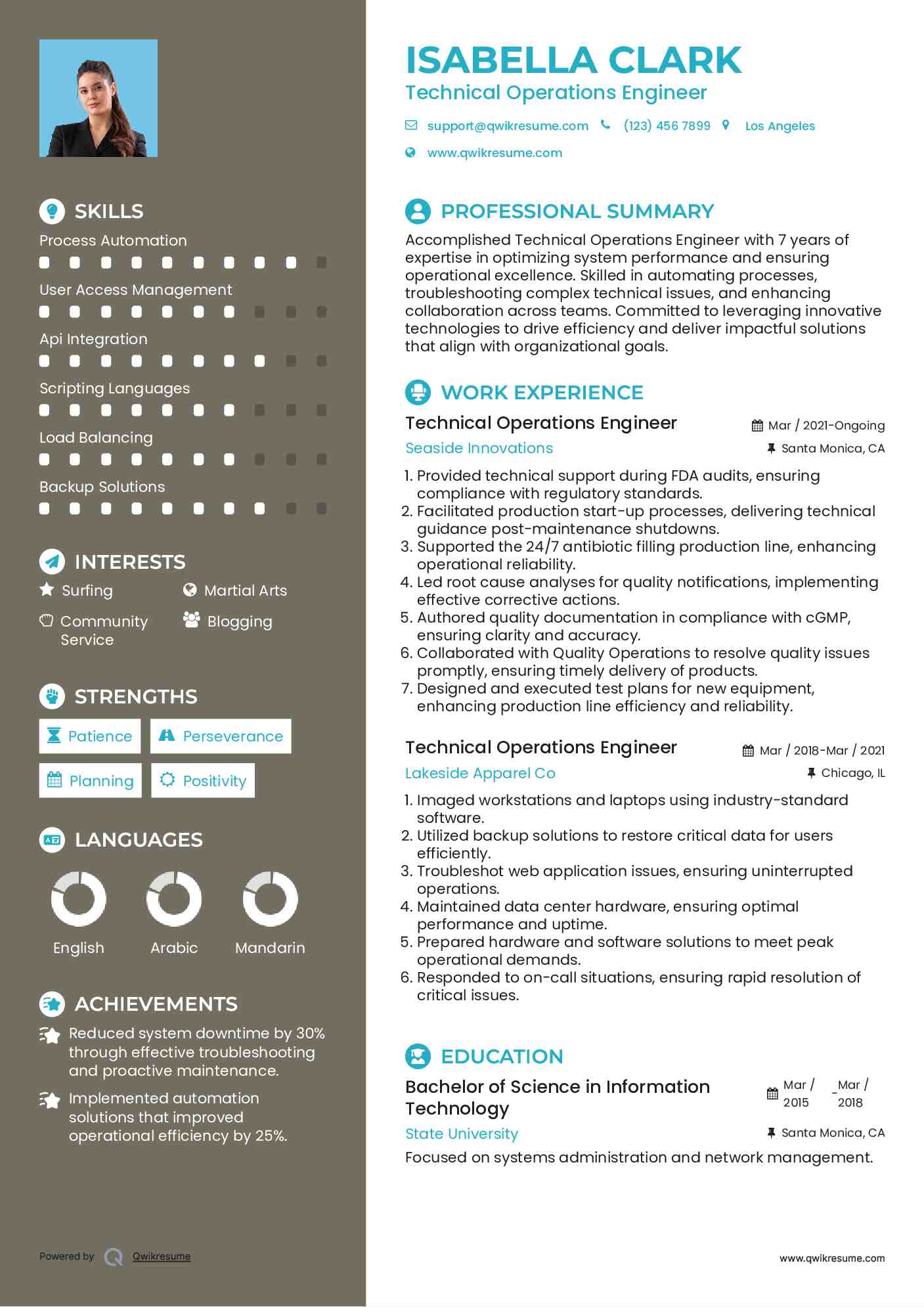 Technical Operations Engineer Resume Example