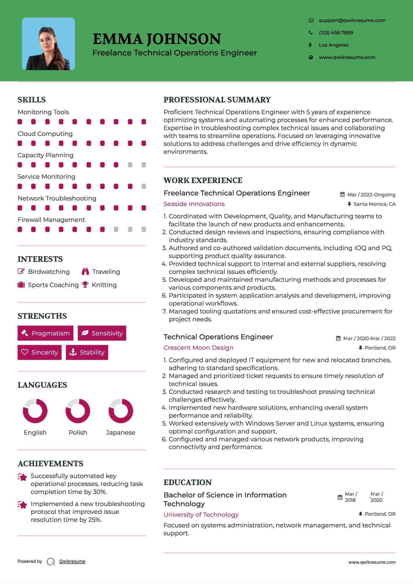 Freelance Technical Operations Engineer Resume Sample