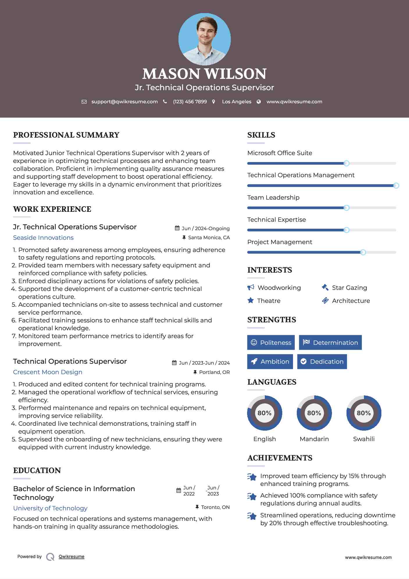Jr. Technical Operations Supervisor Resume Template