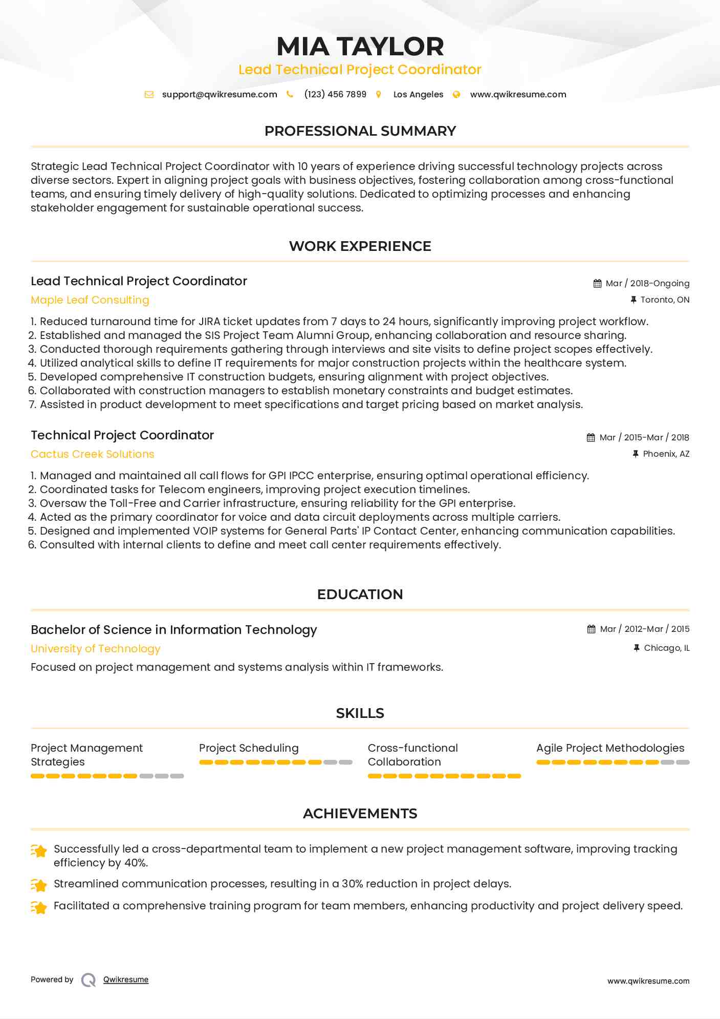 Lead Technical Project Coordinator Resume Model