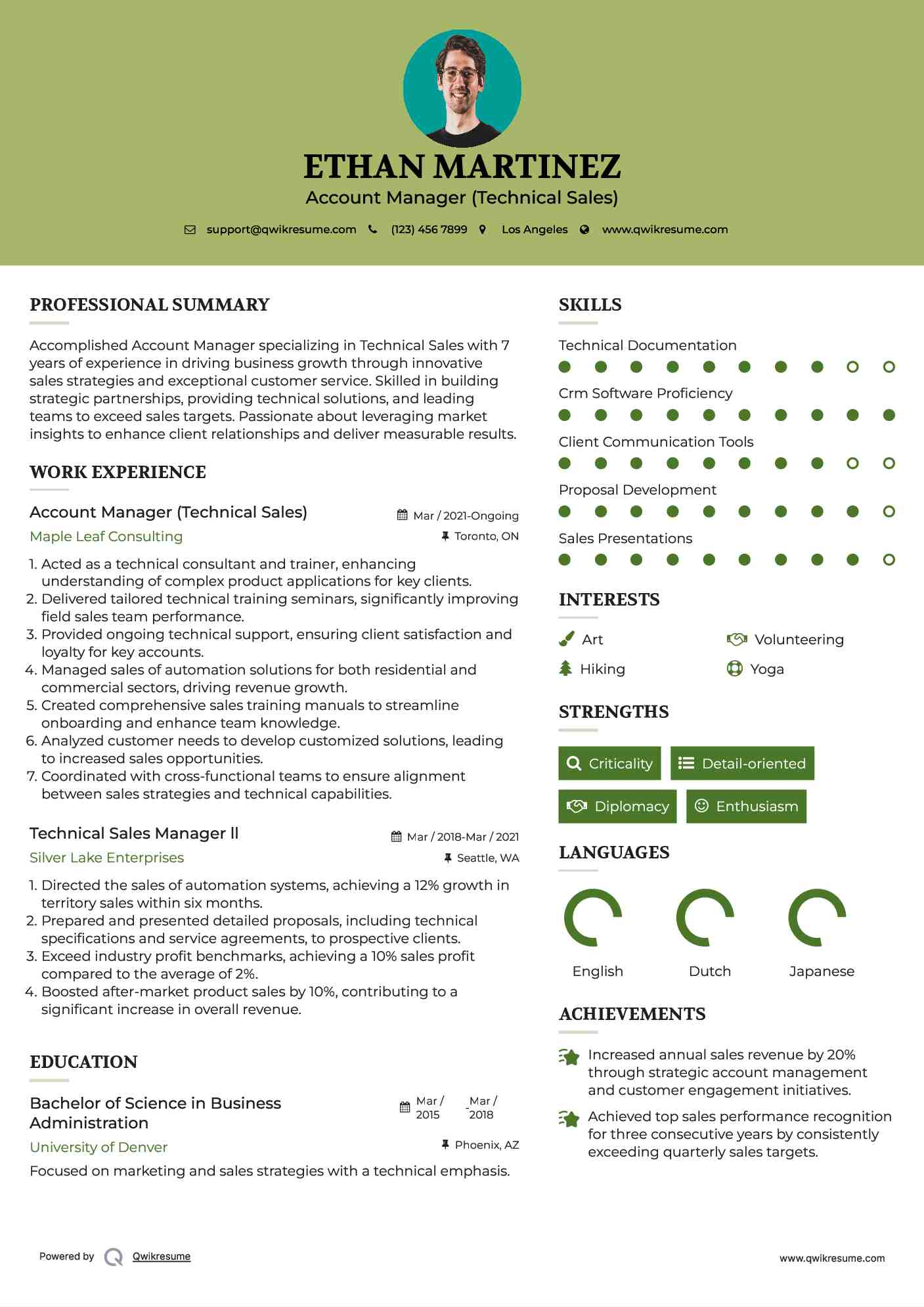 Account Manager (Technical Sales) Resume Example