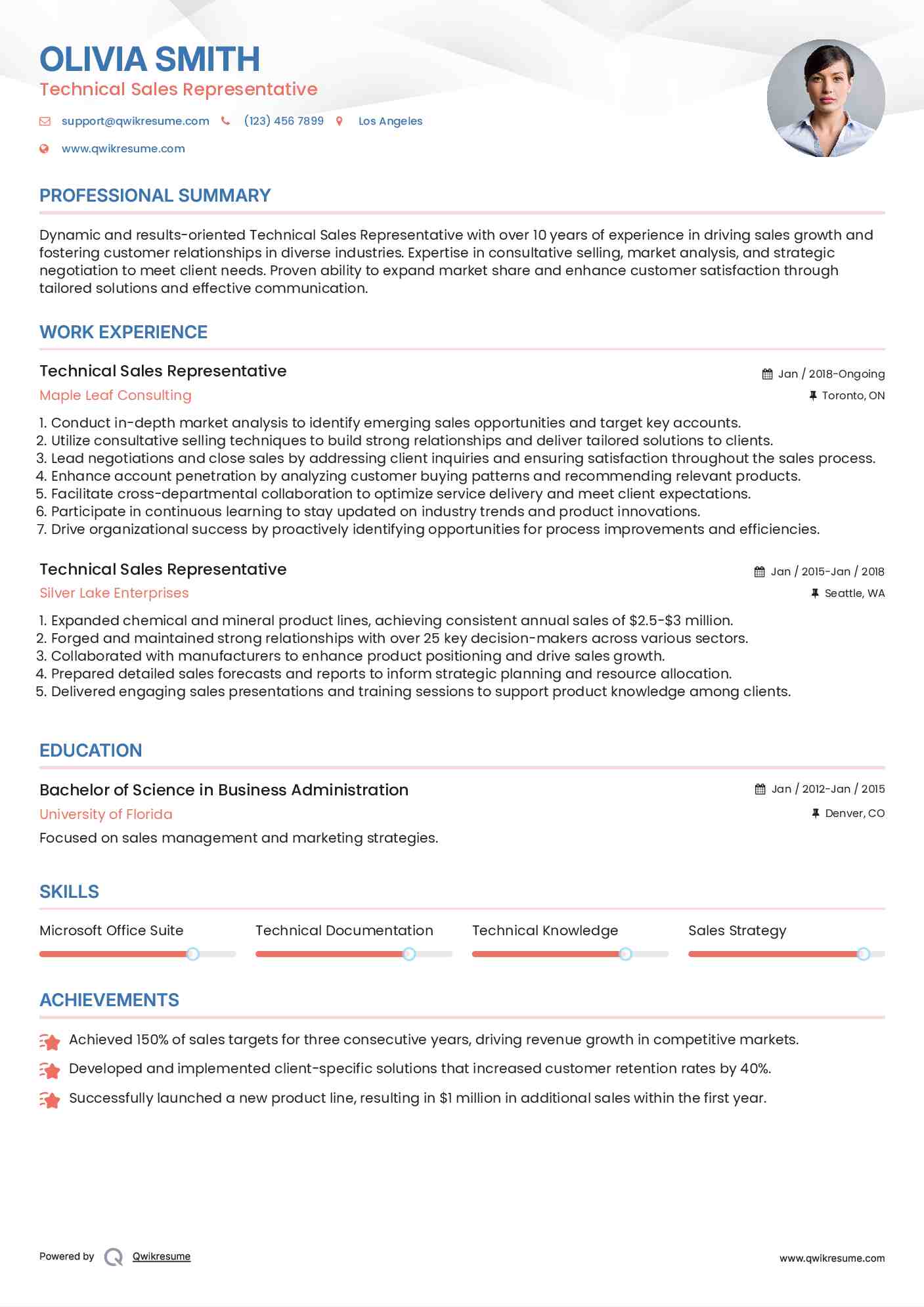 Technical Sales Representative Resume Example
