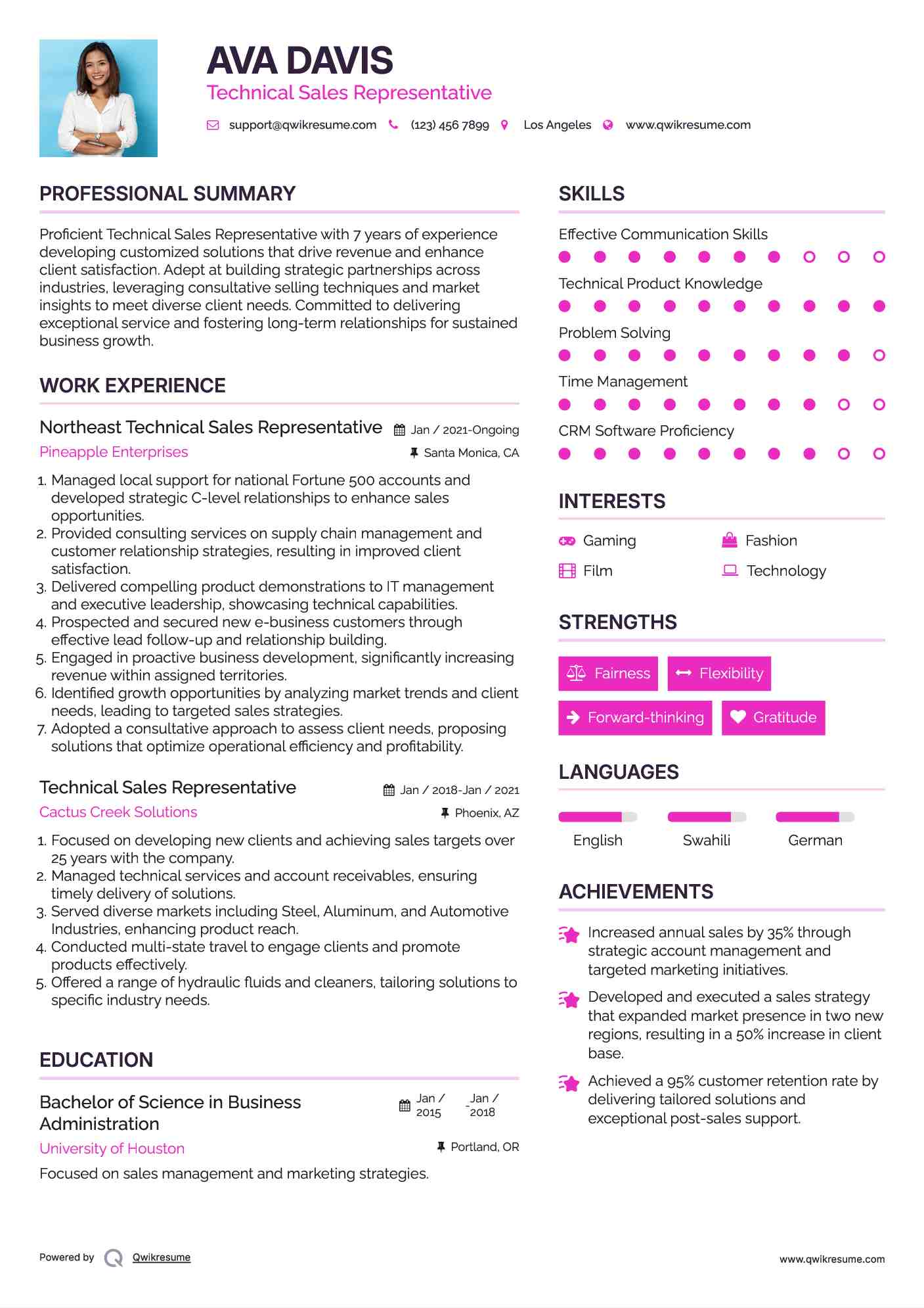 Northeast Technical Sales Representative Resume Template