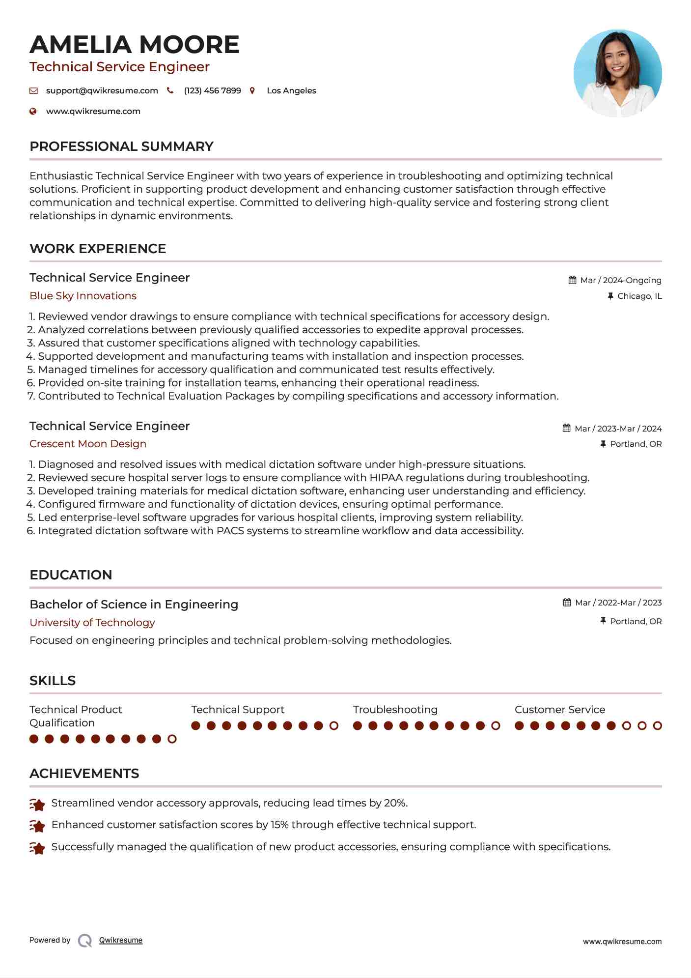 Technical Service Engineer Resume Sample