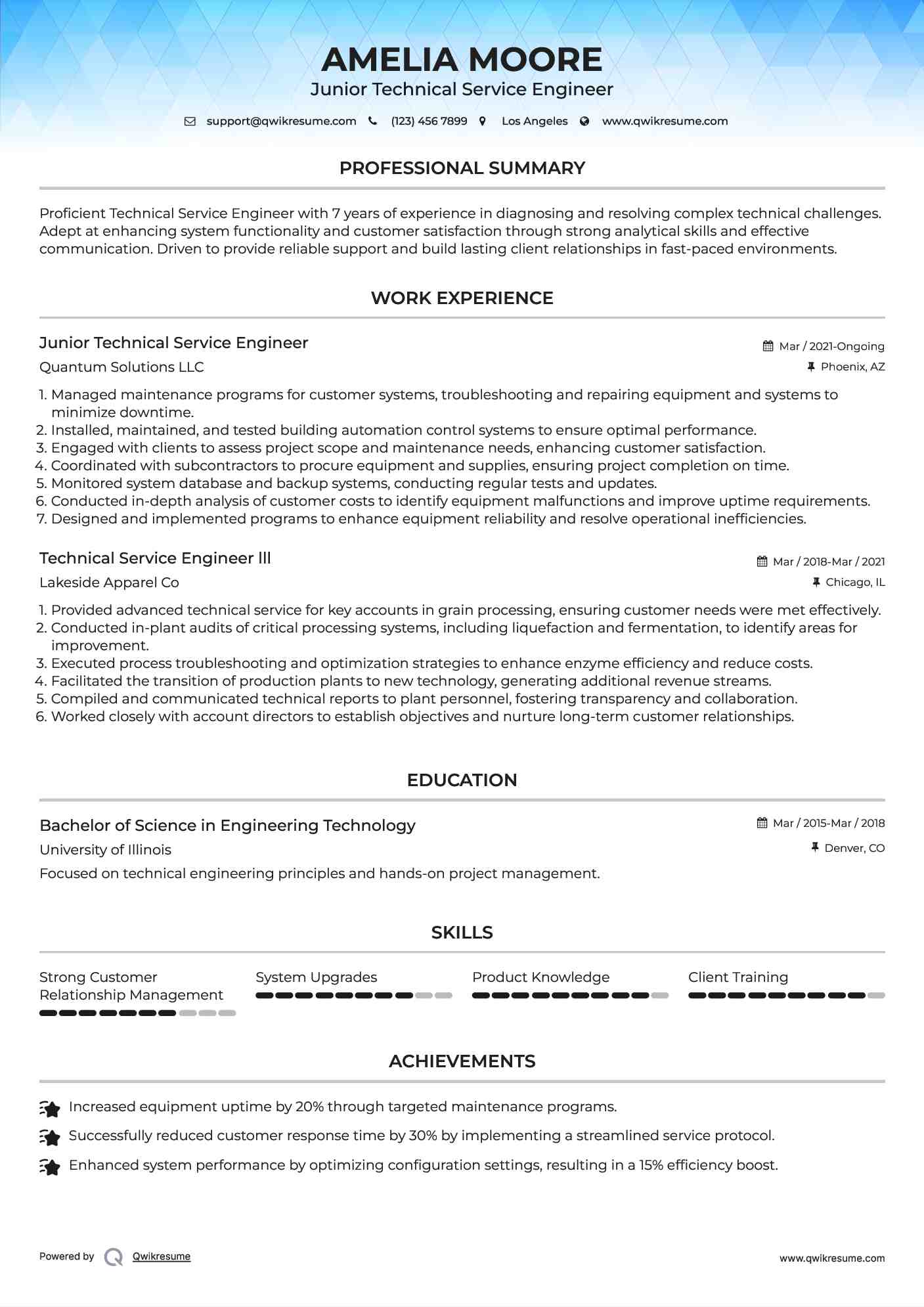 Junior Technical Service Engineer Resume Example